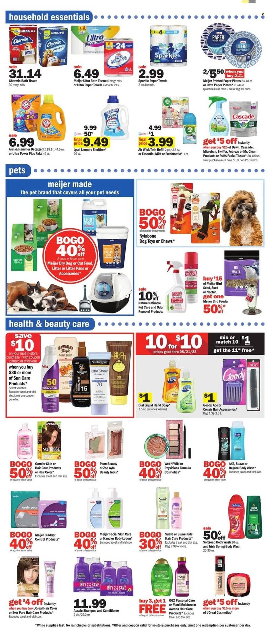 thumbnail - Meijer Flyer - 05/15/2022 - 05/21/2022 - Sales products - puffs, suet, chewing gum, ARM & HAMMER, Aveeno, bath tissue, kitchen towels, paper towels, Charmin, detergent, Febreze, Lysol, Swiffer, Cascade, body wash, shampoo, Softsoap, Suave, hand soap, Dial, soap, Garnier, L’Oréal, OGX, Aussie, conditioner, hair color, Maui Moisture, body lotion, Zoe, Axe, plate, Air Wick, animal food, dog toy, bird feeder, Nylabone, bird food, cat food. Page 12.