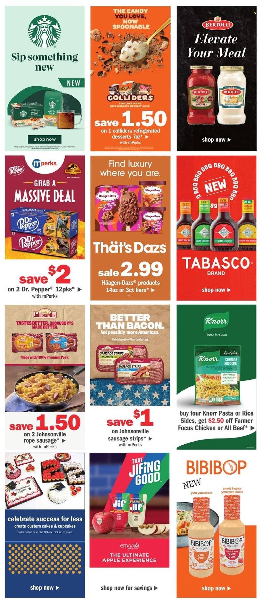 thumbnail - Meijer Flyer - 05/15/2022 - 05/21/2022 - Sales products - cake, cupcake, broccoli, Knorr, sauce, Bertolli, bacon, Johnsonville, sausage, cheddar, cheese, Reese's, Häagen-Dazs, strips, chocolate, tabasco, rice, pepper, peanut butter, Jif, Dr. Pepper, grill. Page 20.