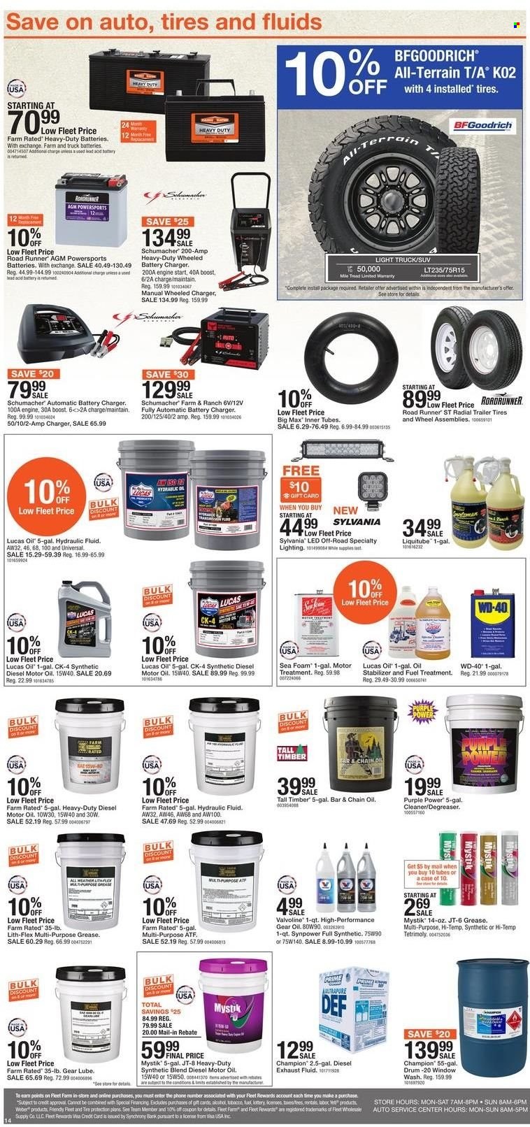 thumbnail - Fleet Farm Flyer - 05/13/2022 - 05/30/2022 - Sales products - Boost, cleaner, battery charger, Sylvania, trailer, lighting, WD-40, Weber, Lucas, degreaser, motor oil, fuel supplement, Valvoline, hydraulic fluids, exhaust fluid, BF Goodrich, tires. Page 14.
