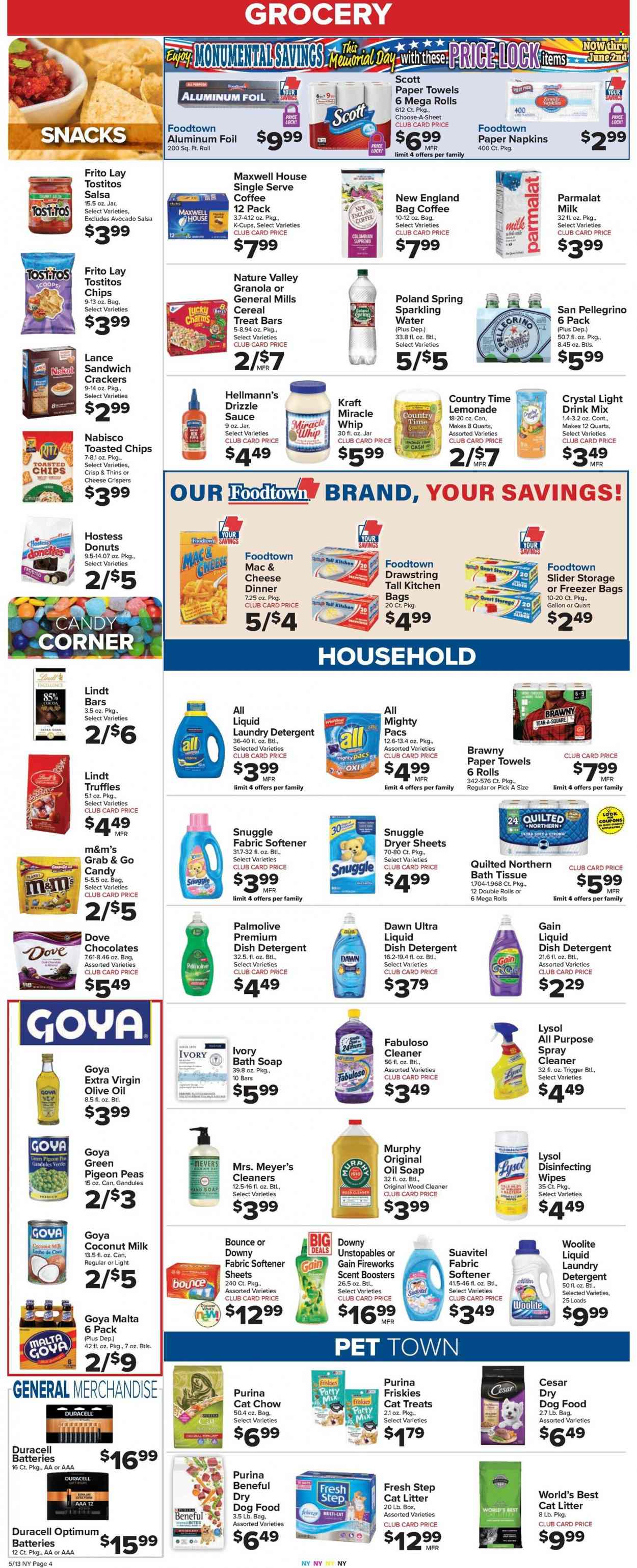 thumbnail - Foodtown Flyer - 05/13/2022 - 05/19/2022 - Sales products - donut, peas, sauce, Kraft®, Parmalat, Miracle Whip, Hellmann’s, chocolate, snack, Lindt, truffles, M&M's, crackers, RITZ, chips, Thins, Tostitos, coconut milk, Goya, cereals, granola, Nature Valley, toor dal, salsa, extra virgin olive oil, olive oil, lemonade, Country Time, sparkling water, San Pellegrino, Maxwell House, coffee, coffee capsules, K-Cups, wipes, napkins, Dove, bath tissue, Scott, Quilted Northern, kitchen towels, paper towels, detergent, Febreze, Gain, cleaner, Lysol, Woolite, Fabuloso, Snuggle, Unstopables, fabric softener, laundry detergent, dryer sheets, scent booster, Gain Fireworks, Downy Laundry, hand soap, Palmolive, soap, Pigeon, aluminium foil, freezer bag, battery, Duracell, animal food, cat litter, dog food, Purina, Optimum, Friskies, Fresh Step. Page 4.