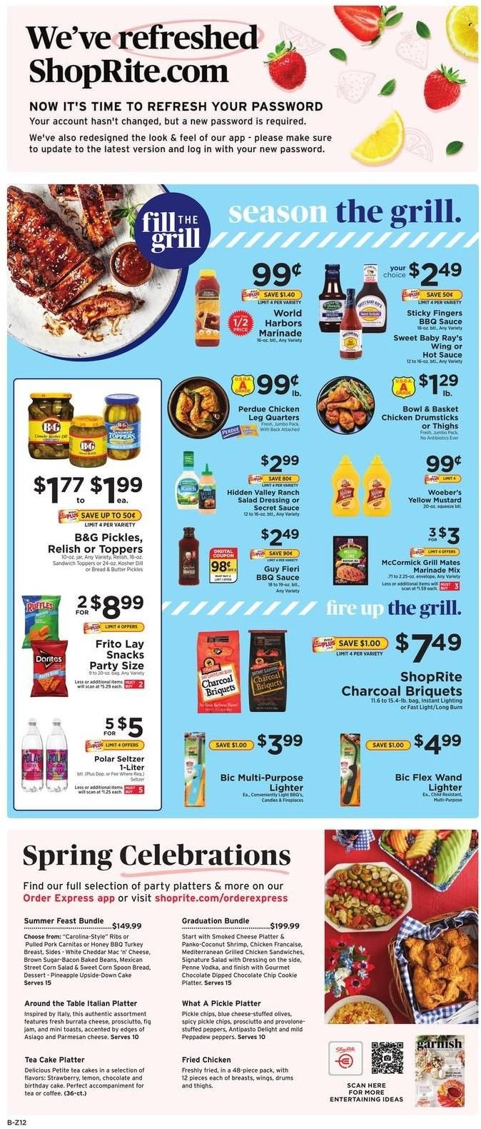 thumbnail - ShopRite Flyer - 05/15/2022 - 05/21/2022 - Sales products - cake, Bowl & Basket, panko breadcrumbs, pineapple, shrimps, sandwich, sauce, fried chicken, Perdue®, pulled pork, bacon, prosciutto, asiago, parmesan, Provolone, butter, snack, Celebration, chips, cane sugar, olives, baked beans, penne, dill, BBQ sauce, mustard, salad dressing, hot sauce, marinade, fig jam, fruit jam, seltzer water, tea, vodka, turkey breast, chicken legs, chicken drumsticks, pork meat, BIC, spoon, jar. Page 2.