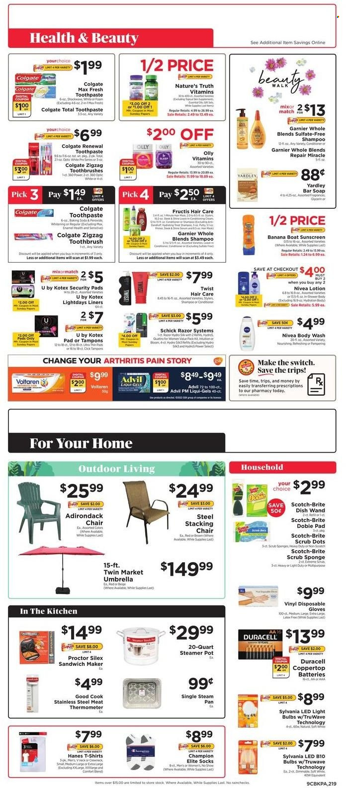 thumbnail - ShopRite Flyer - 05/15/2022 - 05/21/2022 - Sales products - bicarbonate of soda, switch, Ron Pelicano, Nivea, body wash, shampoo, soap bar, soap, Colgate, toothbrush, toothpaste, Kotex, tampons, Garnier, Brite, Fructis, body lotion, Yardley, razor, Schick, gloves, sponge, disposable gloves, thermometer, pot, pan, battery, bulb, Duracell, light bulb, Sylvania, socks, Nature's Truth, Advil Rapid. Page 11.