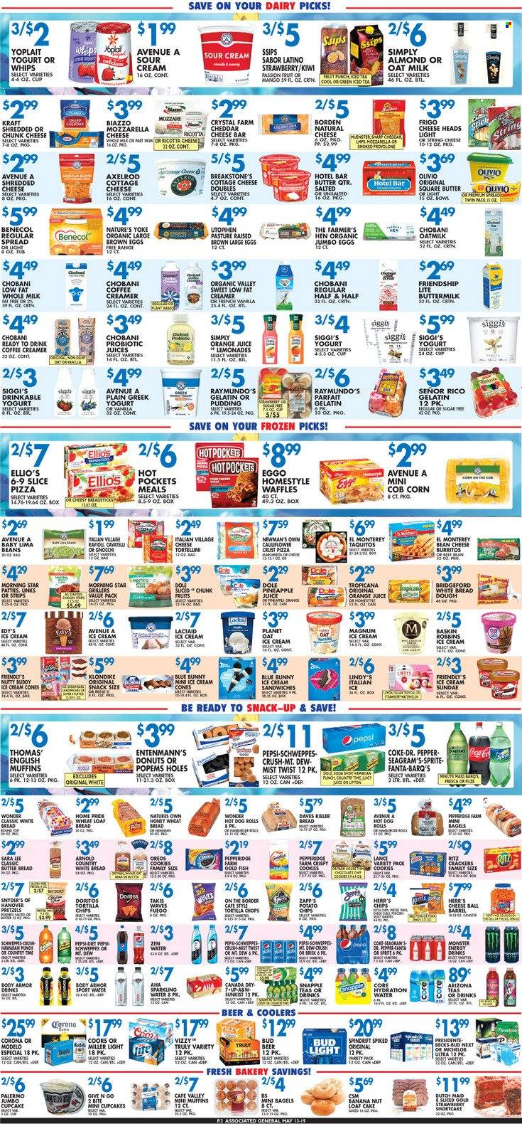 thumbnail - Associated Supermarkets Flyer - 05/13/2022 - 05/19/2022 - Sales products - bagels, bread, english muffins, white bread, hot dog rolls, pretzels, cake, Sara Lee, cupcake, donut, waffles, loaf cake, Entenmann's, corn, Dole, pineapple, fish, gnocchi, pizza, burrito, taquitos, Kraft®, cottage cheese, Lactaid, ricotta, shredded cheese, Münster cheese, chunk cheese, Provolone, greek yoghurt, pudding, yoghurt, Yoplait, Chobani, buttermilk, oat milk, large eggs, sour cream, creamer, bread dough, ice cream, ice cream sandwich, Friendly's Ice Cream, Blue Bunny, lima beans, strips, cookies, snack, crackers, RITZ, Doritos, tortilla chips, Canada Dry, Coca-Cola, Schweppes, Sprite, Pepsi, orange juice, juice, Fanta, Body Armor, energy drink, Monster, Lipton, ice tea, Dr. Pepper, Diet Pepsi, 7UP, Monster Energy, AriZona, Snapple, Country Time, Spindrift, punch, TRULY, beer, Corona Extra, Miller, Beck's, Modelo, bowl, gelatin, Half and half, Coors, Michelob. Page 3.