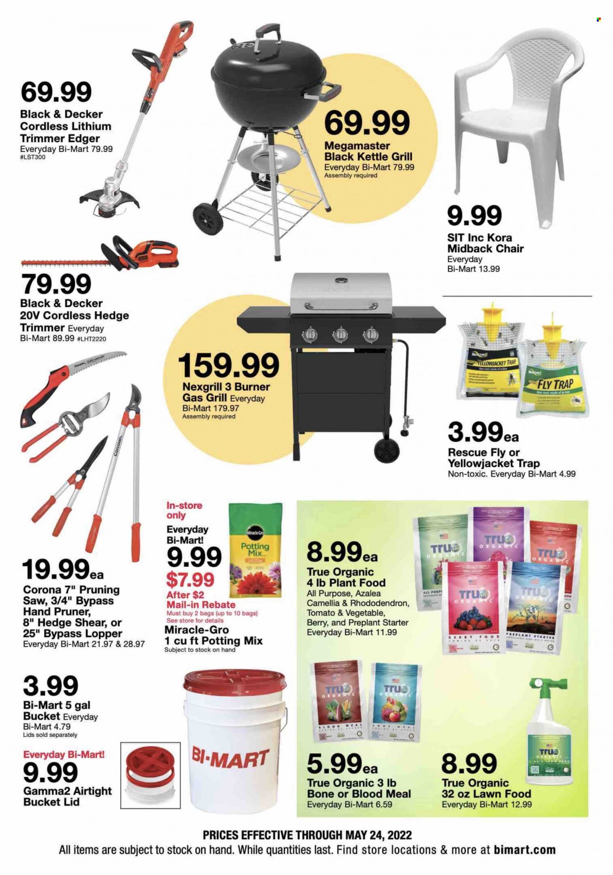 thumbnail - Bi-Mart Flyer - 05/11/2022 - 05/24/2022 - Sales products - chair, kettle, beer, Corona Extra, bag, trimmer, lid, Black & Decker, saw, hedge trimmer, gas grill, grill, potting mix, starter. Page 5.