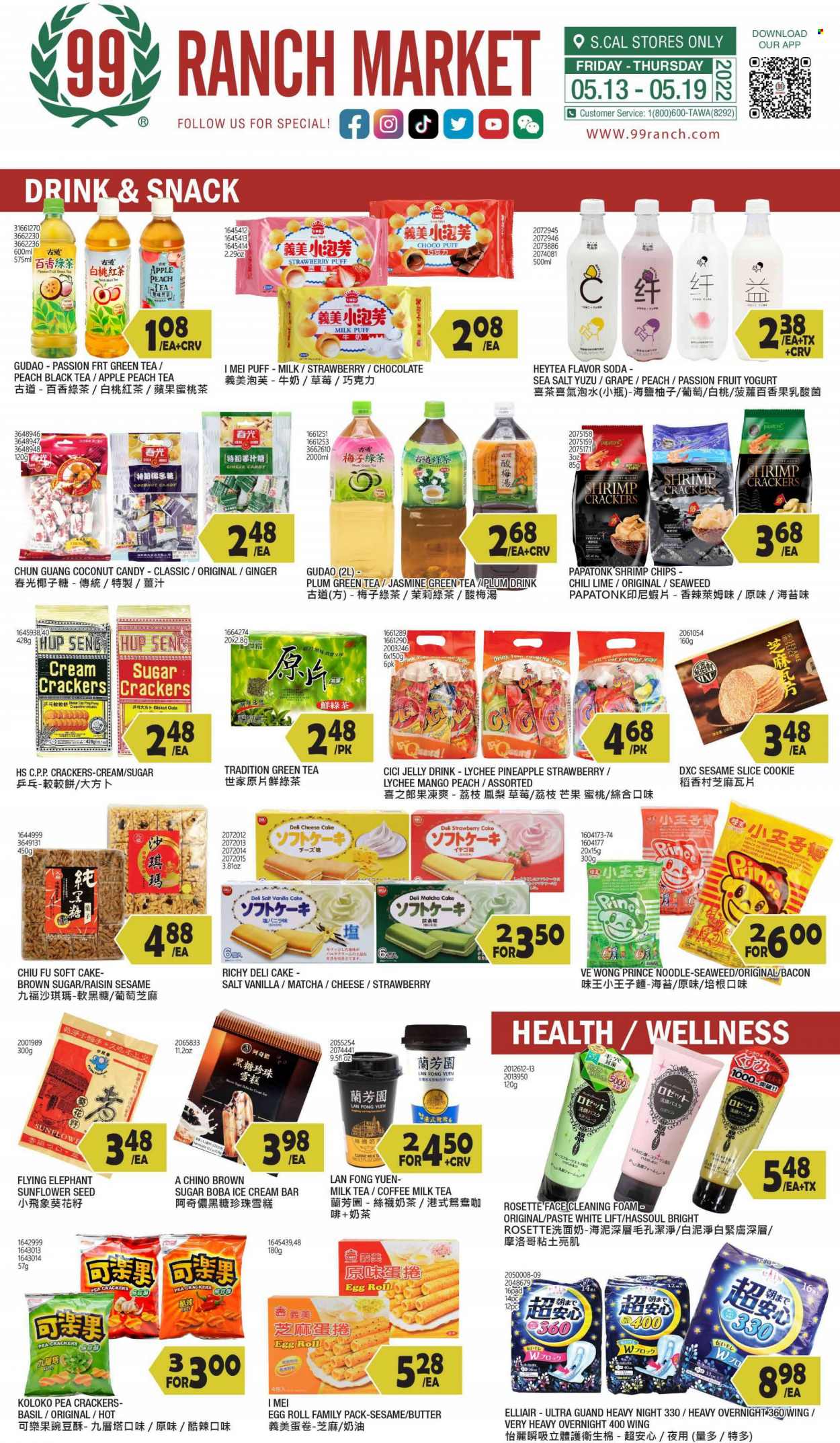 thumbnail - 99 Ranch Market Flyer - 05/13/2022 - 05/19/2022 - Sales products - cake, ginger, mango, pineapple, coconut, shrimps, egg rolls, noodles, bacon, cheese, yoghurt, milk, eggs, butter, ice cream, snack, jelly, crackers, chips, cane sugar, seaweed, lychee, esponja, soda, green tea, matcha, tea, coffee. Page 3.