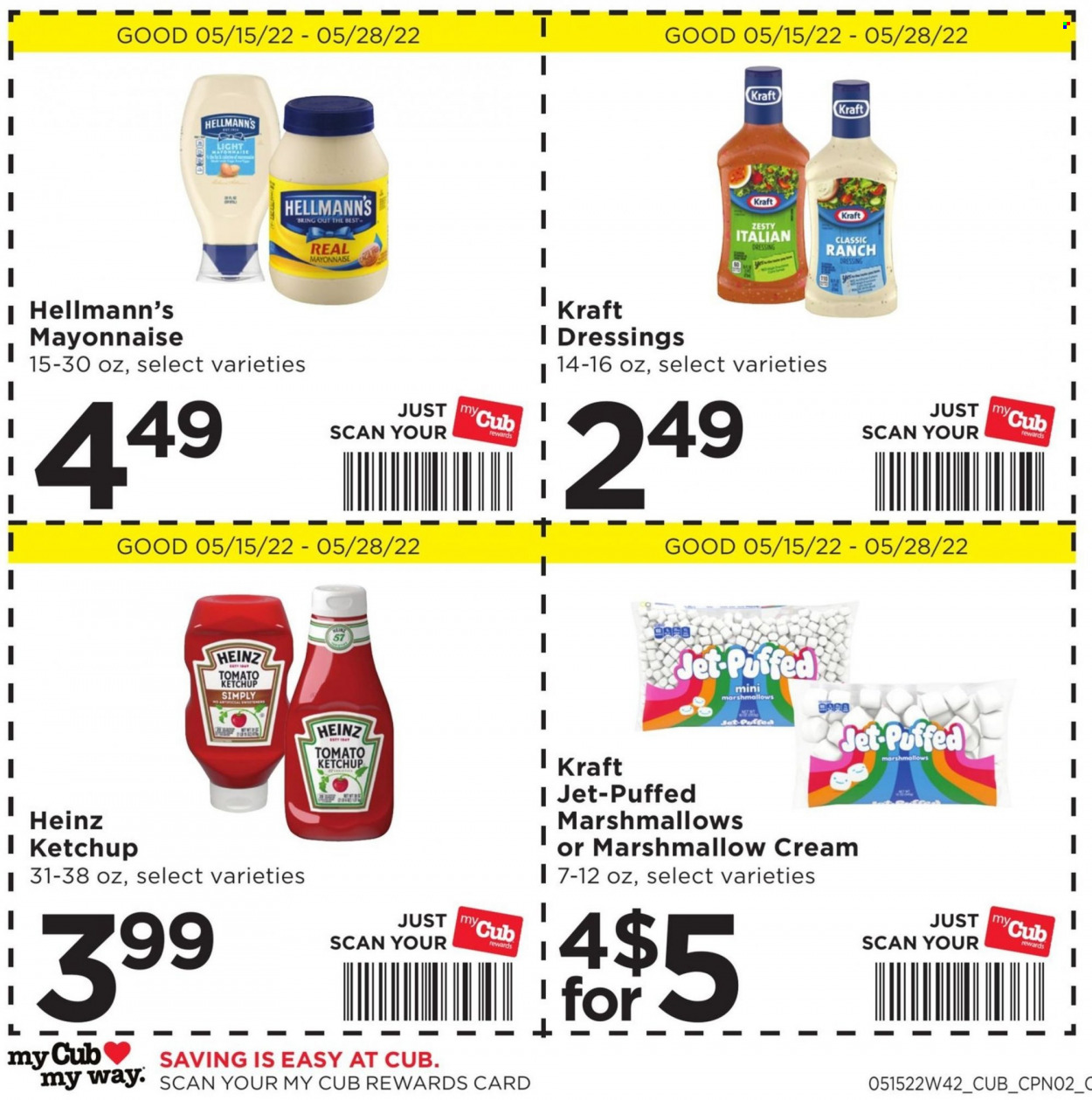 thumbnail - Cub Foods Flyer - 05/15/2022 - 05/28/2022 - Sales products - Kraft®, mayonnaise, ranch dressing, italian dressing, Hellmann’s, Heinz, ketchup, dressing, Jet. Page 3.