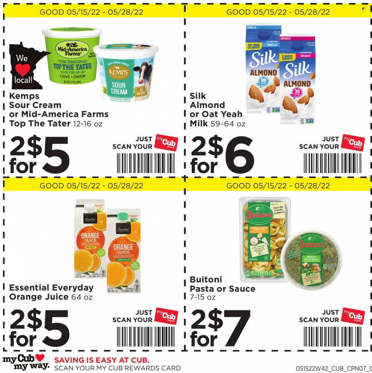thumbnail - Cub Foods Flyer - 05/15/2022 - 05/28/2022 - Sales products - onion, salad, tortellini, Buitoni, cheese, Kemps, milk, sour cream, dip, sugar, esponja, pesto, orange juice, juice, Rin, calcium. Page 11.