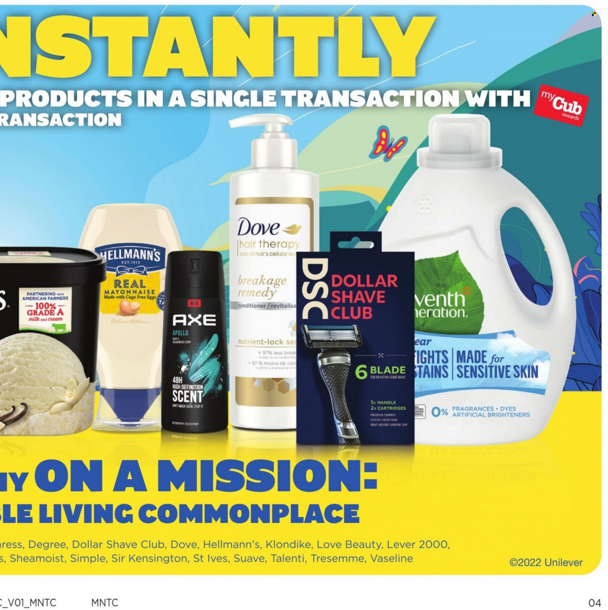 thumbnail - Cub Foods Flyer - 05/15/2022 - 05/28/2022 - Sales products - milk, eggs, cage free eggs, mayonnaise, Hellmann’s, Talenti Gelato, Dove, Suave, Vaseline, Dollar Shave Club, conditioner, TRESemmé, Axe. Page 20.