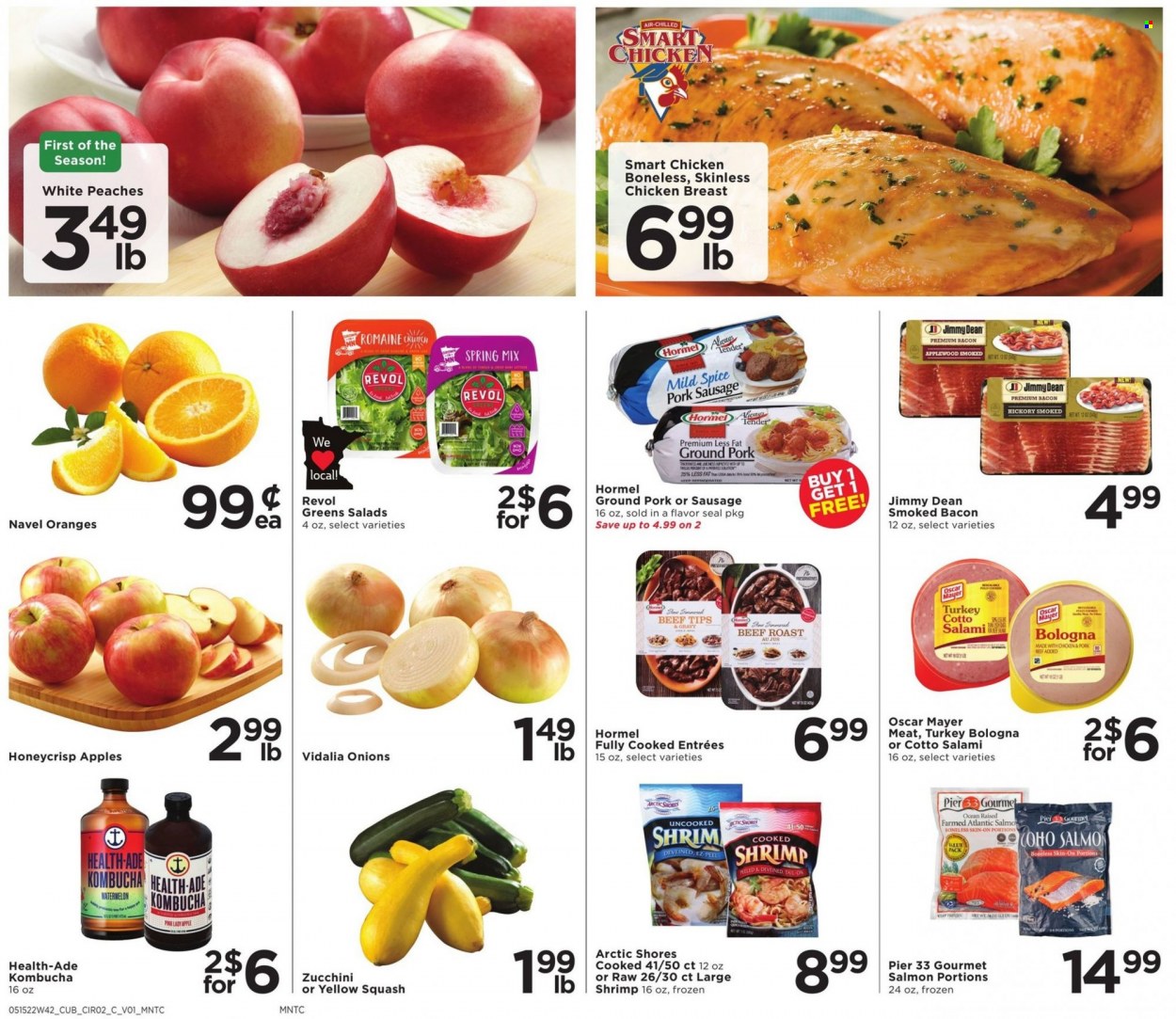 thumbnail - Cub Foods Flyer - 05/15/2022 - 05/21/2022 - Sales products - zucchini, onion, yellow squash, apples, watermelon, oranges, Pink Lady, salmon, shrimps, Arctic Shores, Jimmy Dean, Hormel, bacon, salami, bologna sausage, Oscar Mayer, sausage, pork sausage, spice, kombucha, chicken breasts, beef meat, roast beef, ground pork, peaches, navel oranges. Page 2.