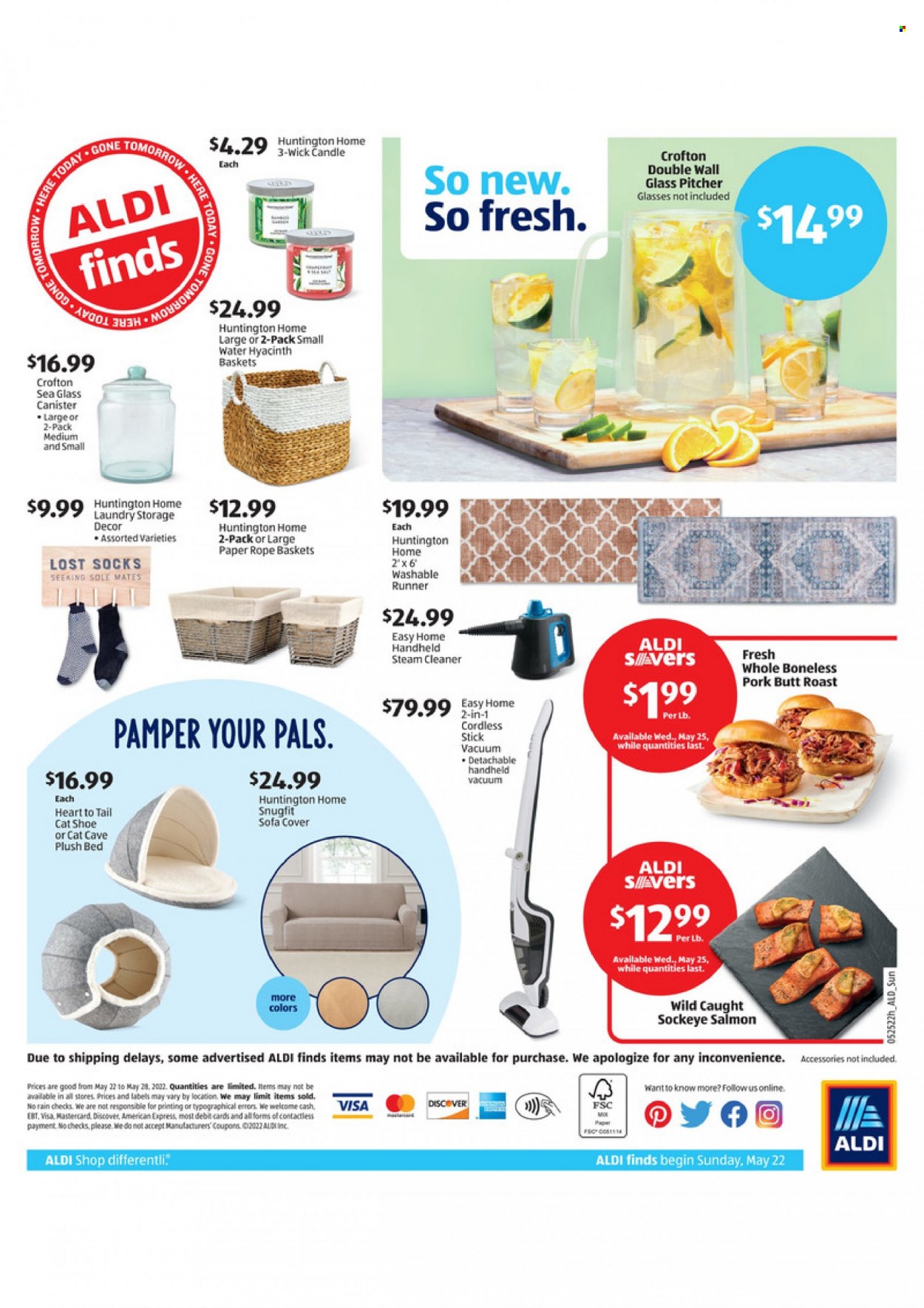 thumbnail - ALDI Flyer - 05/22/2022 - 05/28/2022 - Sales products - salmon, cleaner, basket, canister, pitcher, paper, candle, sofa cover, pet bed, steam cleaner, socks, hyacinth, water hyacinth. Page 2.
