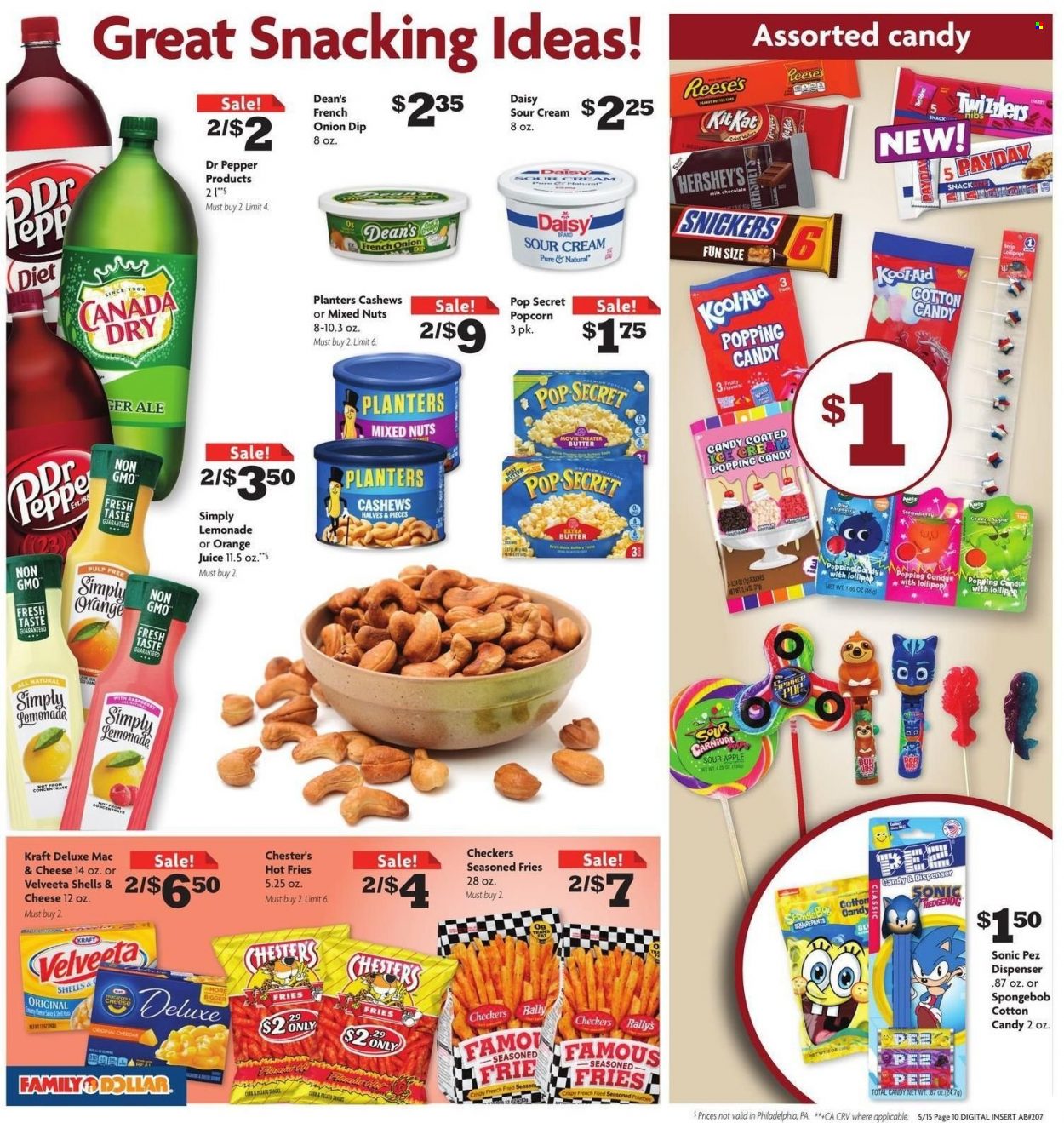 thumbnail - Family Dollar Flyer - 05/15/2022 - 05/28/2022 - Sales products - Kraft®, sour cream, dip, Reese's, Hershey's, snack, Snickers, KitKat, cotton candy, lollipop, popcorn, apple butter, cashews, mixed nuts, Planters, lemonade, orange juice, juice, Dr. Pepper, Sol, pants, dispenser. Page 5.