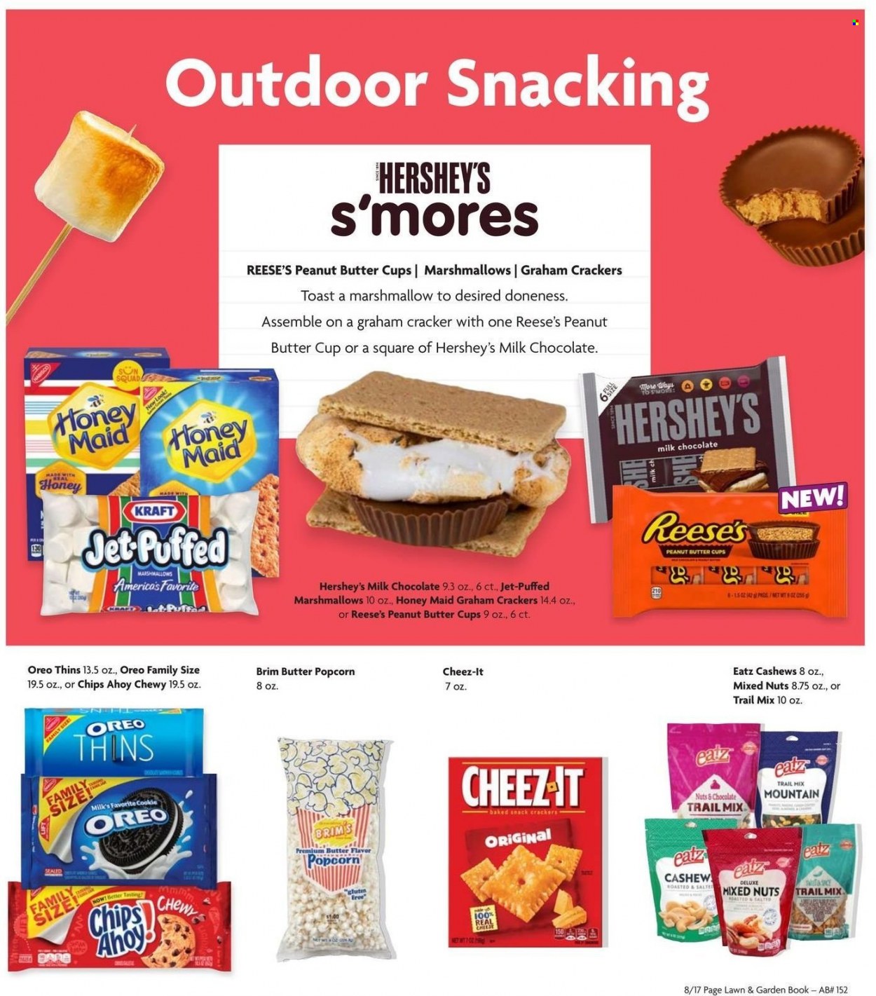 thumbnail - Family Dollar Flyer - 05/15/2022 - 07/09/2022 - Sales products - Kraft®, Oreo, Reese's, Hershey's, graham crackers, marshmallows, milk chocolate, chocolate, crackers, peanut butter cups, chips, Thins, popcorn, Cheez-It, Honey Maid, cashews, mixed nuts, trail mix, Jet, book. Page 8.