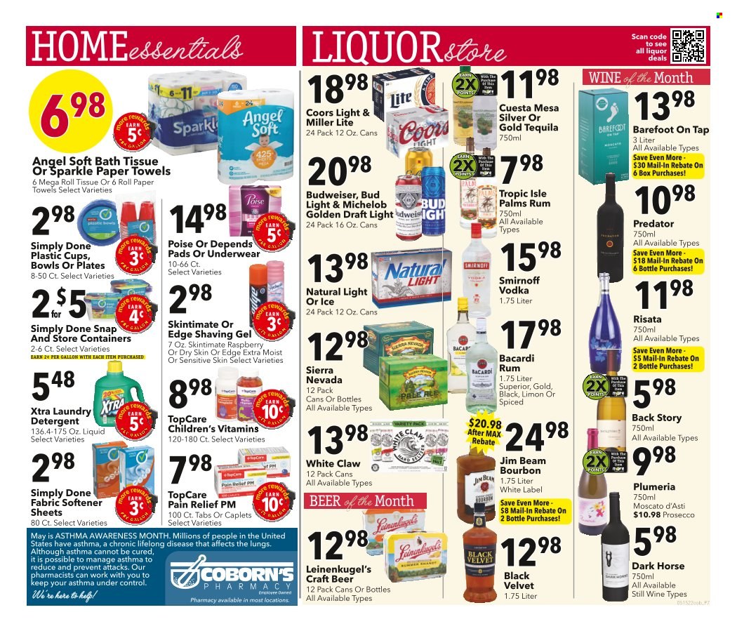 thumbnail - Coborn's Flyer - 05/15/2022 - 05/21/2022 - Sales products - prosecco, wine, Moscato, Bacardi, bourbon, rum, Smirnoff, tequila, vodka, Jim Beam, White Claw, beer, Bud Light, bath tissue, kitchen towels, paper towels, detergent, fabric softener, XTRA, plate, cup, pain relief, Budweiser, Leinenkugel's, Miller Lite, Coors, Michelob. Page 7.