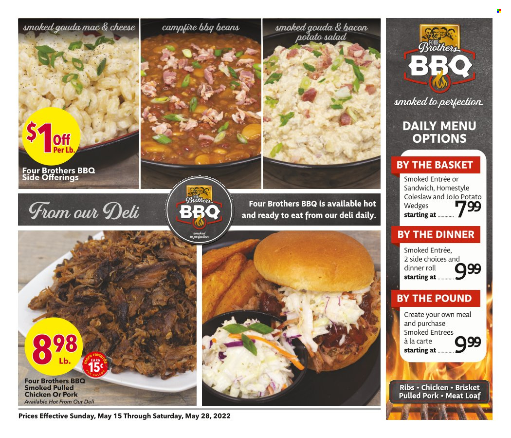 thumbnail - Coborn's Flyer - 05/15/2022 - 05/28/2022 - Sales products - dinner rolls, beans, salad, coleslaw, sandwich, pulled pork, pulled chicken, Four Brothers, bacon, potato salad, gouda, potato wedges, pork meat, pork ribs, basket, JoJo. Page 6.