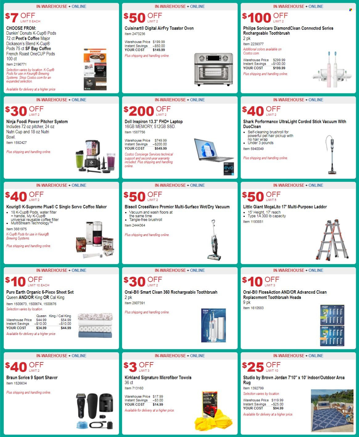 thumbnail - Costco Flyer - 05/18/2022 - 06/12/2022 - Sales products - Jordan, Philips, Dell, donut, Dunkin' Donuts, coffee capsules, K-Cups, Keurig, toothbrush, Oral-B, shaver, microfiber towel, pitcher, bowl, Cuisinart, towel, laptop, Inspiron, Braun, coffee machine, Bissell, vacuum cleaner, Sonicare, ladder, rug, area rug. Page 5.