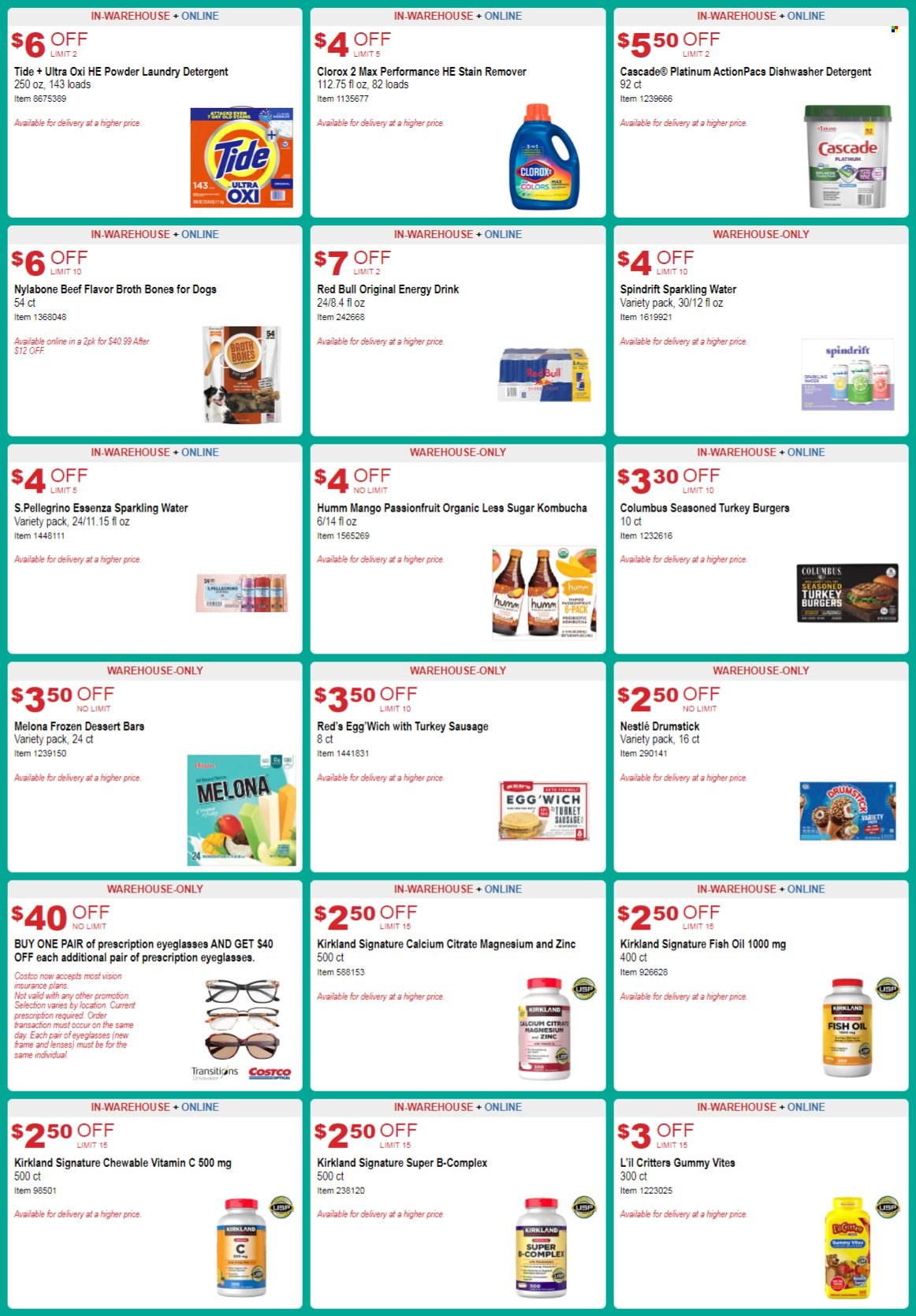 thumbnail - Costco Flyer - 05/18/2022 - 06/12/2022 - Sales products - hamburger, sausage, eggs, Nestlé, oil, energy drink, Red Bull, Spindrift, sparkling water, San Pellegrino, kombucha, turkey burger, detergent, stain remover, Clorox, Cascade, Tide, laundry detergent, Nylabone, lenses, eye glasses, calcium, fish oil, magnesium, vitamin c, zinc. Page 9.