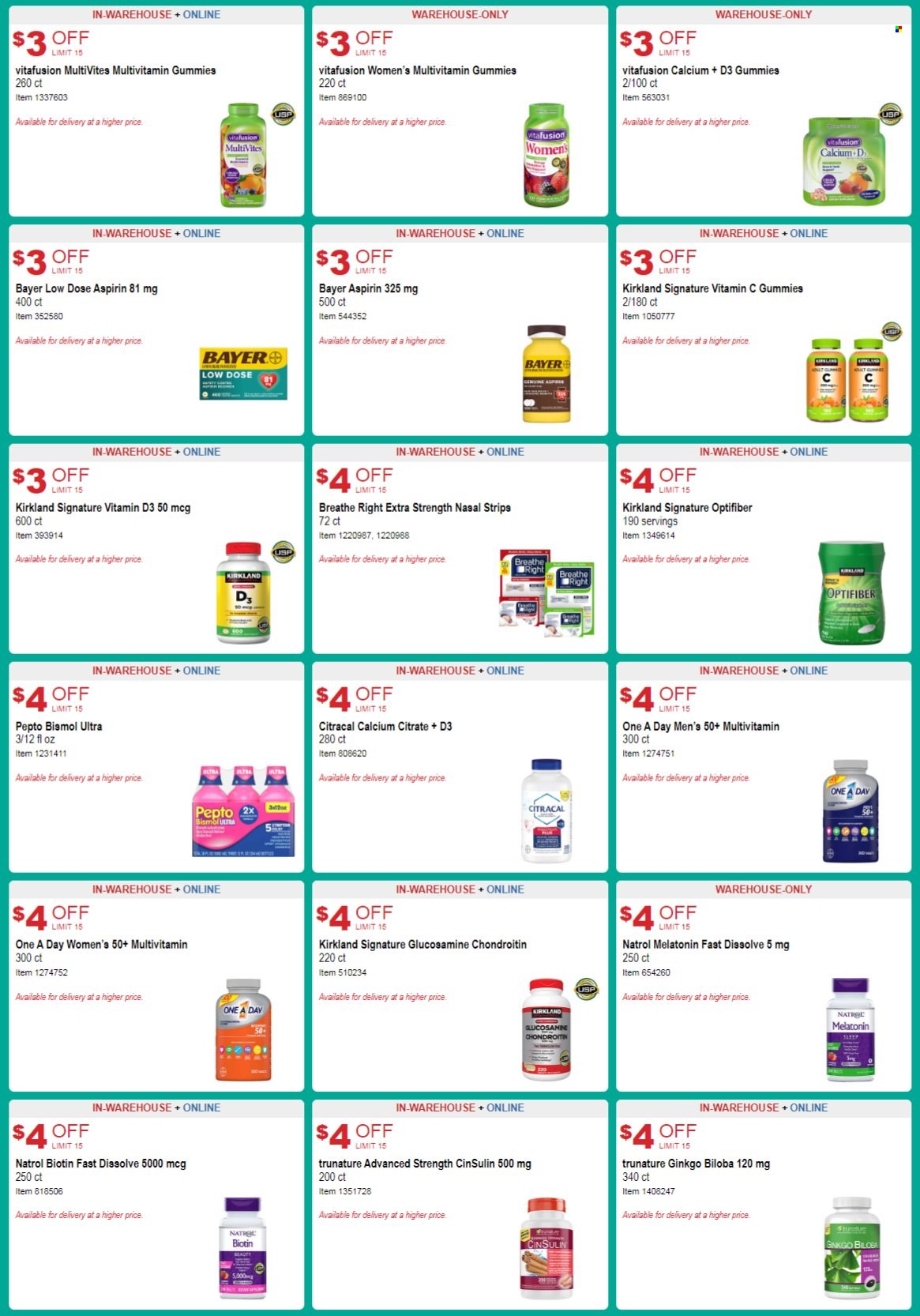 thumbnail - Costco Flyer - 05/18/2022 - 06/12/2022 - Sales products - Biotin, calcium, glucosamine, Melatonin, multivitamin, Natrol, Vitafusion, vitamin c, vitamin D3, Low Dose, aspirin, Bayer. Page 10.