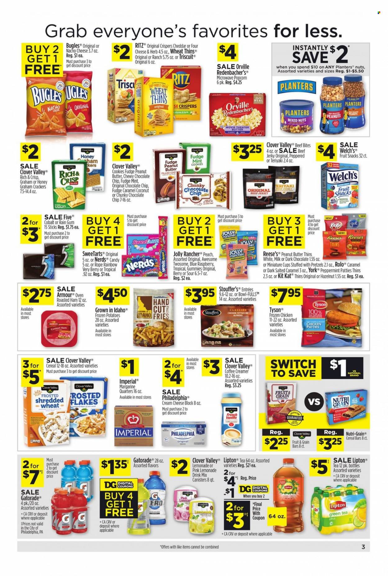 thumbnail - Dollar General Flyer - 05/15/2022 - 05/21/2022 - Sales products - pretzels, potatoes, coconut, Welch's, bowl-fulls, beef jerky, cooked ham, ham, jerky, cheddar, Clover, milk, margarine, creamer, Reese's, chicken patties, Stouffer's, potato fries, cookies, fudge, graham crackers, KitKat, cereal bar, crackers, fruit snack, RITZ, Thins, popcorn, cereals, Nutri-Grain, peanut butter, peanuts, mixed nuts, Planters, lemonade, switch, Lipton, Gatorade, green tea, tea, cup. Page 4.