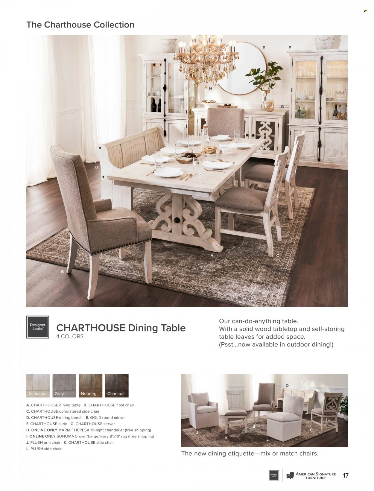 thumbnail - Value City Furniture Flyer - Sales products - dining table, table, side chair, chair, dining bench, bench, arm chair, mirror. Page 17.