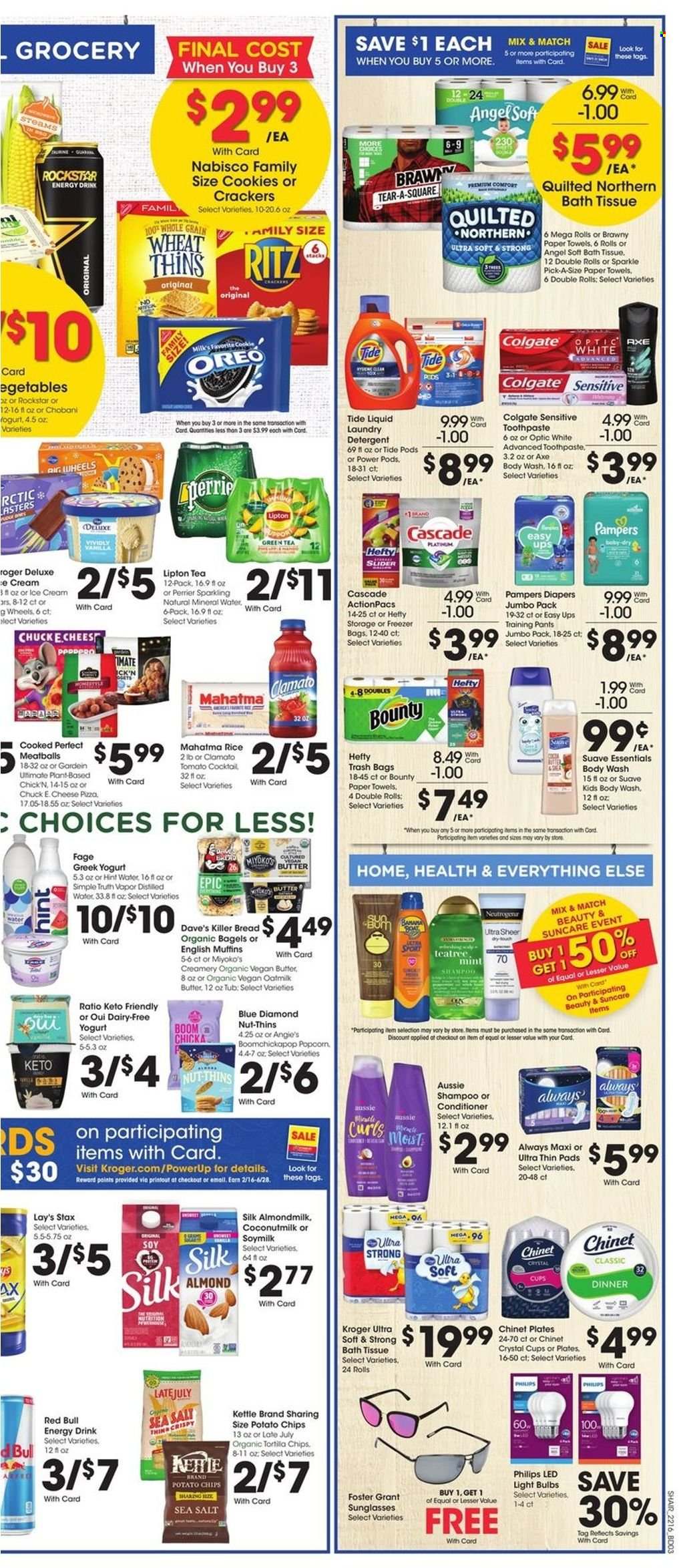thumbnail - Kroger Flyer - 05/18/2022 - 05/24/2022 - Sales products - Philips, bagels, bread, english muffins, pizza, meatballs, greek yoghurt, Oreo, yoghurt, Chobani, almond milk, milk, soy milk, Silk, oat milk, butter, ice cream, cookies, Bounty, crackers, RITZ, tortilla chips, potato chips, chips, Lay’s, Thins, popcorn, coconut milk, rice, Blue Diamond, energy drink, Lipton, Clamato, Red Bull, Perrier, Rockstar, mineral water, green tea, tea, Pampers, pants, nappies, baby pants, bath tissue, Quilted Northern, kitchen towels, paper towels, detergent, Cascade, Tide, laundry detergent, body wash, shampoo, Suave, Colgate, toothpaste, Aussie, conditioner, Axe, Hefty, trash bags, plate, cup, freezer bag, bulb, light bulb, freezer, sunglasses, LED light, distilled water. Page 6.