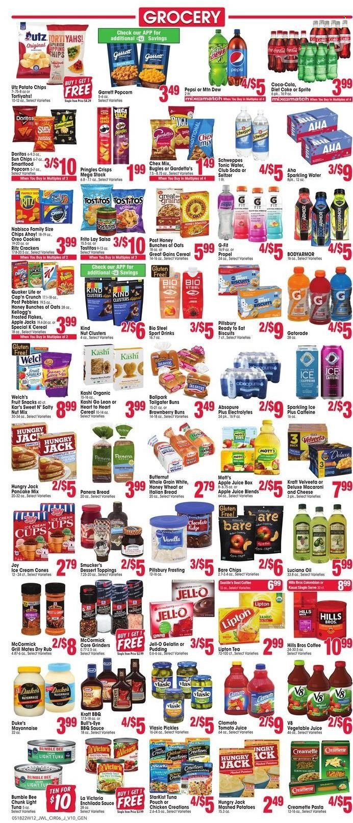 thumbnail - Jewel Osco Flyer - 05/18/2022 - 05/24/2022 - Sales products - bread, pie, buns, Welch's, Mott's, tuna, StarKist, mashed potatoes, macaroni, pasta, Bumble Bee, sauce, pancakes, Pillsbury, Quaker, Kraft®, pudding, Oreo, mayonnaise, ice cream, cookies, fudge, crackers, Kellogg's, biscuit, fruit snack, Chips Ahoy!, RITZ, Doritos, potato chips, Pringles, chips, Smartfood, popcorn, Tostitos, Chex Mix, frosting, Jell-O, enchilada sauce, pickles, light tuna, cereals, Cap'n Crunch, Frosted Flakes, Creamette, BBQ sauce, salsa, oil, apple juice, Coca-Cola, Mountain Dew, Schweppes, Sprite, tomato juice, Pepsi, juice, Lipton, tonic, Diet Coke, Clamato, vegetable juice, Gatorade, Club Soda, seltzer water, sparkling water, tea, coffee, Joy, cup, Hill's, butternut squash. Page 6.