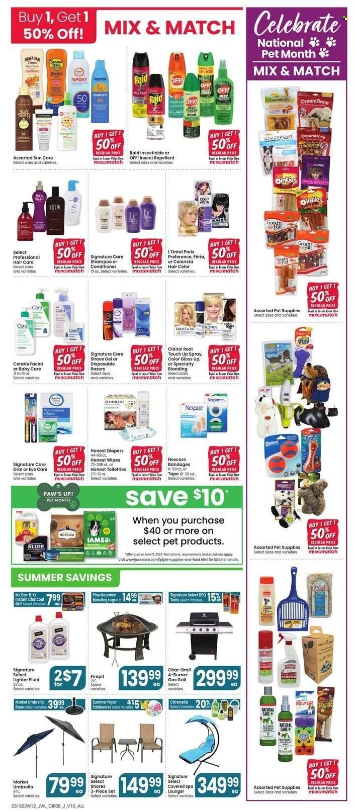 thumbnail - Jewel Osco Flyer - 05/18/2022 - 05/24/2022 - Sales products - wipes, nappies, shampoo, CeraVe, L’Oréal, Clairol, conditioner, hair color, shave gel, disposable razor, repellent, Raid, paper, Nutrish. Page 8.