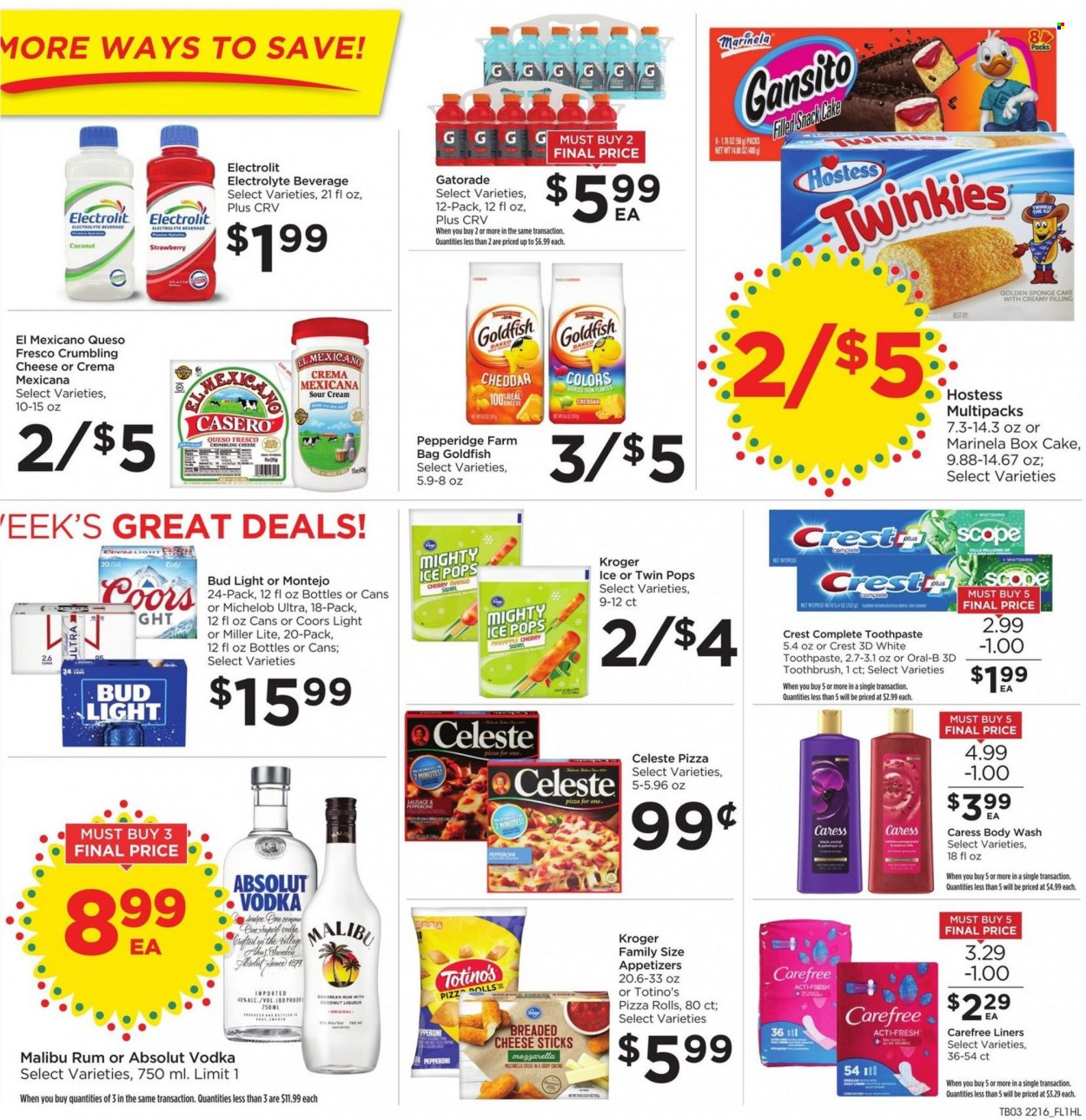 thumbnail - Food 4 Less Flyer - 05/18/2022 - 05/24/2022 - Sales products - cake, pizza rolls, sponge cake, pineapple, cherries, coconut, pizza, sausage, pepperoni, queso fresco, sour cream, cheese sticks, Celeste, Goldfish, Gatorade, red wine, wine, rum, vodka, Absolut, Malibu, beer, Bud Light, body wash, toothbrush, Oral-B, toothpaste, Crest, Carefree, bag, Miller Lite, Coors, Michelob. Page 5.