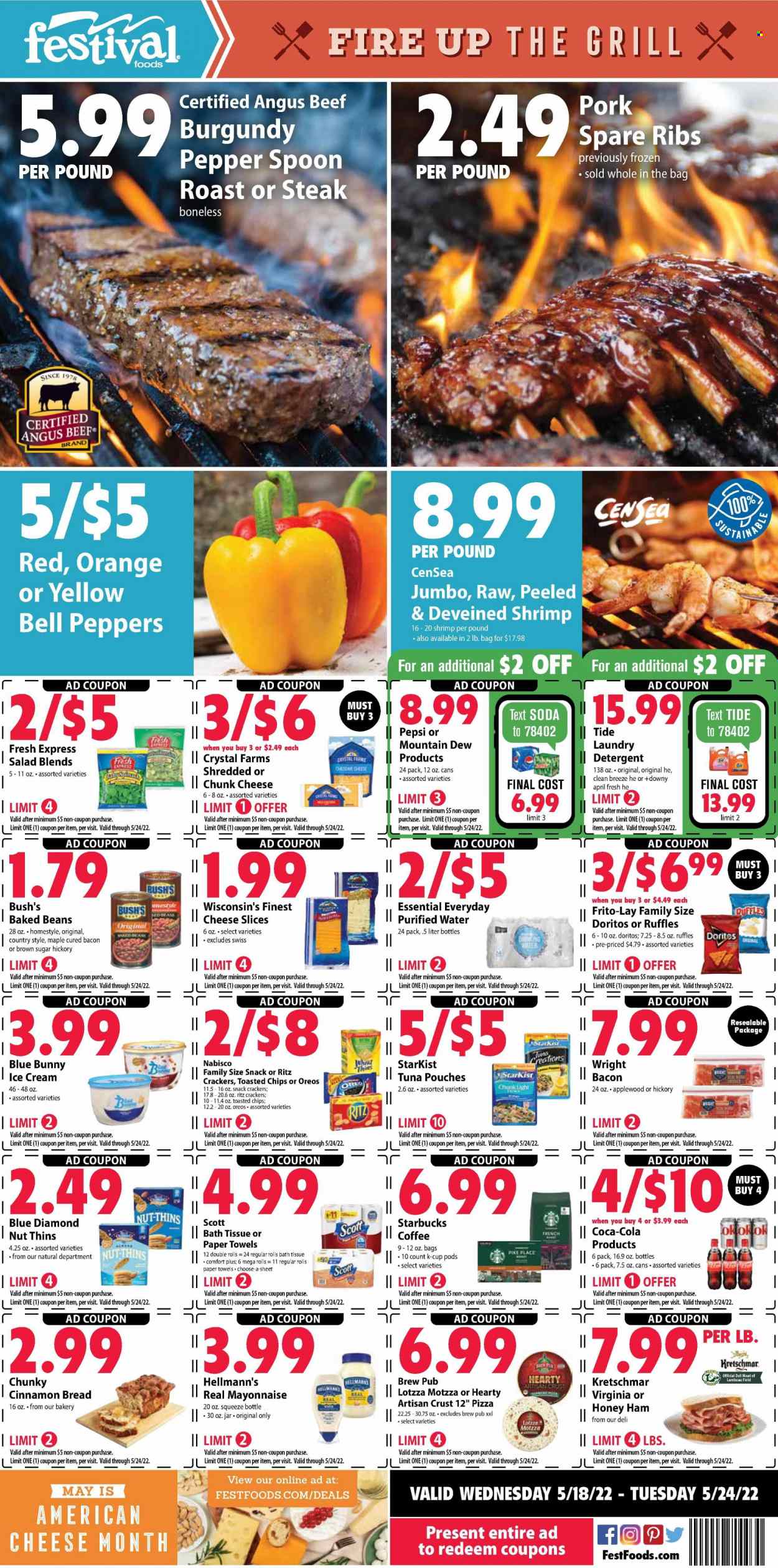 thumbnail - Festival Foods Flyer - 05/18/2022 - 05/24/2022 - Sales products - bread, bell peppers, salad, peppers, oranges, tuna, shrimps, StarKist, pizza, bacon, ham, american cheese, sliced cheese, chunk cheese, Oreo, mayonnaise, Hellmann’s, ice cream, Blue Bunny, snack, crackers, RITZ, Doritos, Thins, Frito-Lay, Ruffles, baked beans, cinnamon, Blue Diamond, Coca-Cola, Mountain Dew, Pepsi, soda, purified water, coffee, Starbucks, coffee capsules, K-Cups, beef meat, steak, pork spare ribs, bath tissue, Scott, kitchen towels, paper towels, detergent, Tide. Page 1.