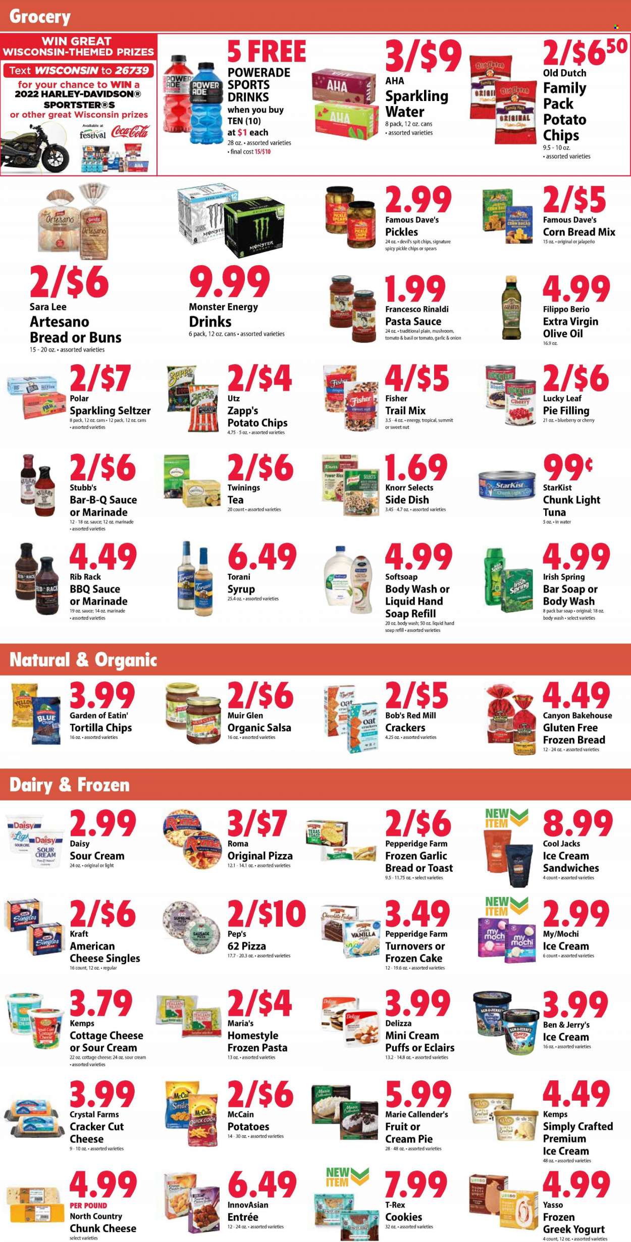 thumbnail - Festival Foods Flyer - 05/18/2022 - 05/24/2022 - Sales products - bread, corn bread, buns, Sara Lee, turnovers, puffs, cream pie, cream puffs, dessert, fruit pie, éclairs, tuna, StarKist, pizza, pasta sauce, Knorr, sauce, Marie Callender's, Kraft®, ready meal, american cheese, cottage cheese, chunk cheese, Kemps, greek yoghurt, sour cream, ice cream sandwich, Ben & Jerry's, McCain, potato fries, frozen cakes, crackers, tortilla chips, potato chips, pie filling, oats, canned tuna, pickles, light tuna, canned fish, pickled vegetables, BBQ sauce, marinade, extra virgin olive oil, olive oil, syrup, trail mix, Coca-Cola, Powerade, energy drink, soft drink, Monster Energy, electrolyte drink, seltzer water, sparkling water, carbonated soft drink, Twinings, ribs, body wash, Softsoap, hand soap, soap bar, soap. Page 3.