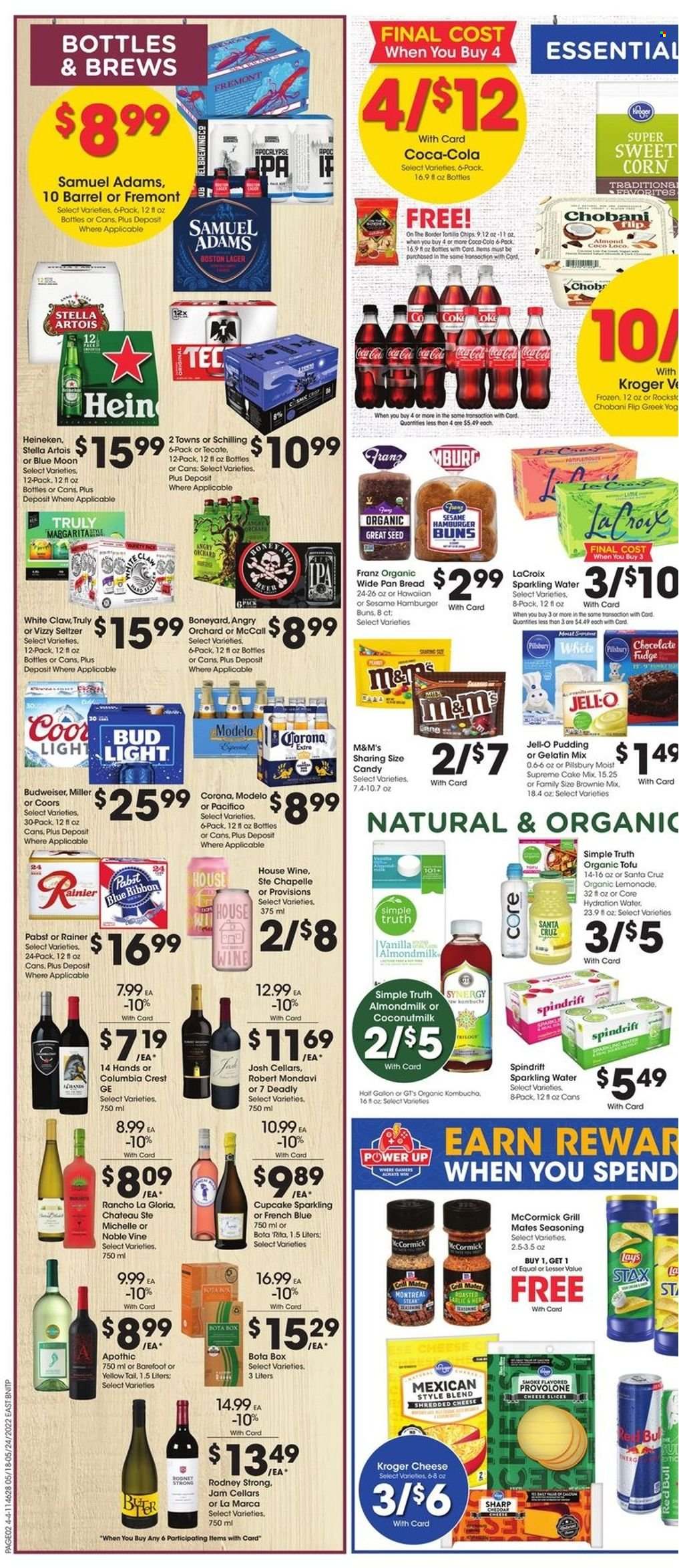 thumbnail - Fred Meyer Flyer - 05/18/2022 - 05/24/2022 - Sales products - bread, cake, buns, cupcake, brownie mix, corn, sweet corn, hamburger, shredded cheese, sliced cheese, tofu, Provolone, pudding, Chobani, almond milk, fudge, M&M's, Lay’s, Jell-O, coconut milk, spice, Coca-Cola, lemonade, Spindrift, seltzer water, sparkling water, kombucha, wine, White Claw, TRULY, beer, Bud Light, Corona Extra, Heineken, Miller, Lager, Modelo, Pabst Blue Ribbon, Crest, pan, Sharp, Budweiser, Stella Artois, Coors, Blue Moon. Page 5.