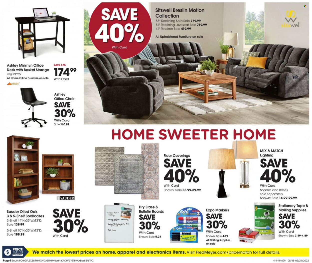thumbnail - Fred Meyer Flyer - 05/18/2022 - 05/24/2022 - Sales products - shades, writing supplies, chair, loveseat, sofa, recliner chair, shelves, lighting. Page 8.
