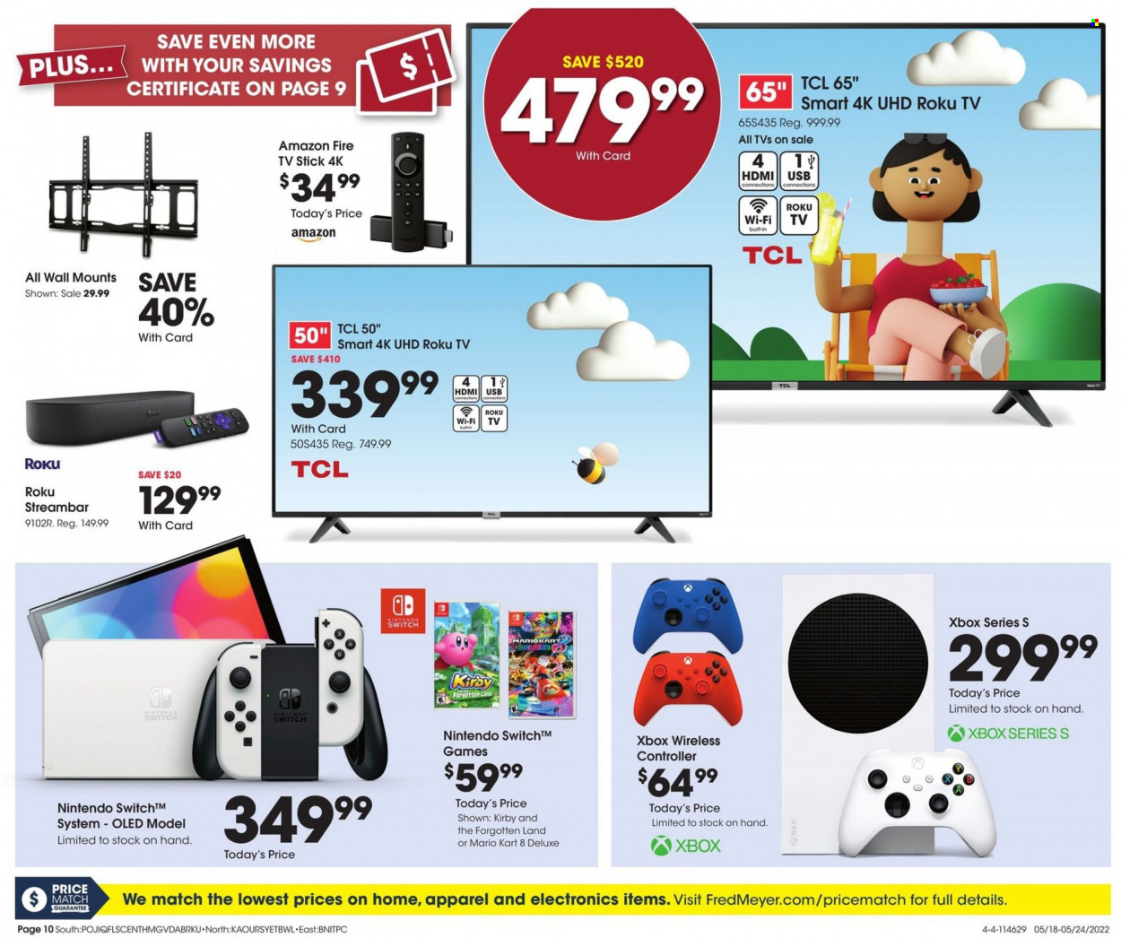 thumbnail - Fred Meyer Flyer - 05/18/2022 - 05/24/2022 - Sales products - wireless controller, Amazon Fire, switch, TCL, Xbox, roku tv, TV stick. Page 10.