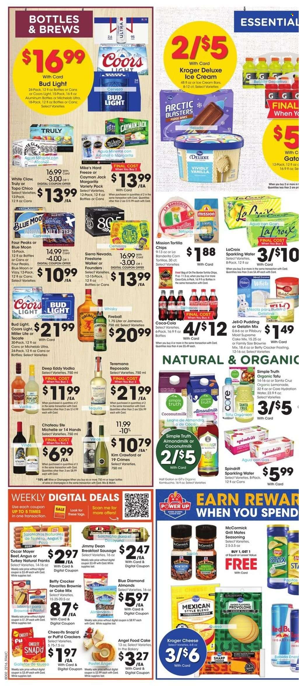 thumbnail - Fry’s Flyer - 05/18/2022 - 05/24/2022 - Sales products - corn tortillas, tortillas, Angel Food, cake mix, Pillsbury, Jimmy Dean, Oscar Mayer, shredded cheese, sliced cheese, tofu, Provolone, pudding, almond milk, ice cream, ice cream bars, strips, fudge, crackers, chips, Lay’s, frosting, Jell-O, coconut milk, spice, Blue Diamond, Coca-Cola, lemonade, Spindrift, sparkling water, champagne, wine, alcohol, tequila, vodka, Jameson, White Claw, TRULY, whisky, beer, Bud Light, Firestone Walker, Sharp, Miller Lite, Coors, Blue Moon, Michelob. Page 5.