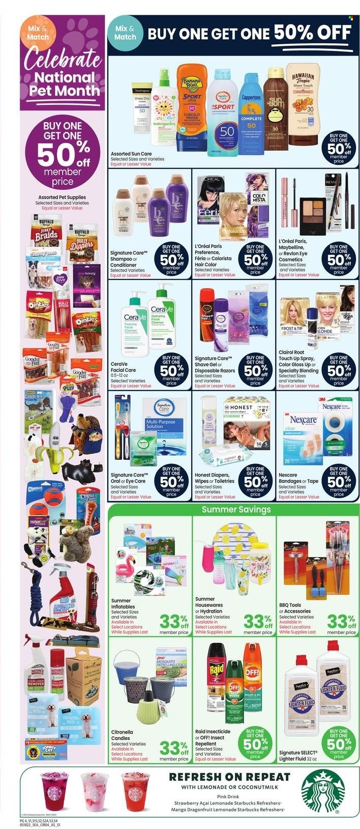 thumbnail - Safeway Flyer - 05/18/2022 - 05/24/2022 - Sales products - pie, mango, coconut milk, Starbucks, wipes, shampoo, CeraVe, cleanser, L’Oréal, Clairol, conditioner, Revlon, hair color, shave gel, disposable razor, candle, boat. Page 4.