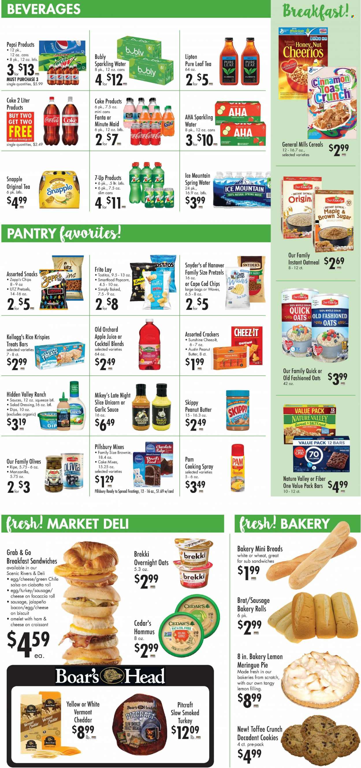 thumbnail - Buehler's Flyer - 05/18/2022 - 05/24/2022 - Sales products - ciabatta, pretzels, cake, pie, focaccia, cupcake, brownies, jalapeño, cod, pizza, Pillsbury, bacon, ham, sausage, hummus, eggs, Sunshine, dip, cookies, fudge, chocolate, snack, toffee, crackers, Kellogg's, biscuit, potato chips, chips, Smartfood, popcorn, Cheez-It, Ruffles, Tostitos, oatmeal, olives, cereals, Cheerios, Rice Krispies, Quick Oats, Nature Valley, Fiber One, cinnamon, salad dressing, dressing, salsa, garlic sauce, cooking spray, peanut butter, roasted peanuts, peanuts, apple juice, Coca-Cola, Pepsi, juice, Fanta, Lipton, 7UP, Snapple, fruit punch, spring water, sparkling water, Ice Mountain, tea, Pure Leaf, Gain, bag. Page 2.