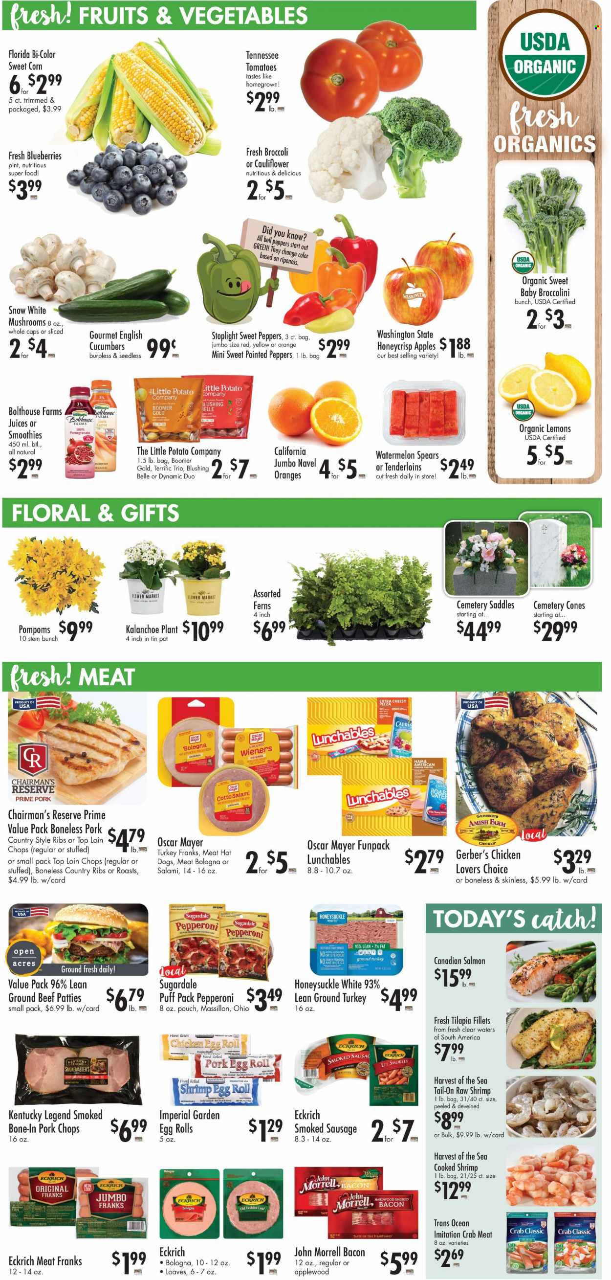 thumbnail - Buehler's Flyer - 05/18/2022 - 05/24/2022 - Sales products - bell peppers, broccoli, corn, cucumber, sweet peppers, sweet corn, broccolini, apples, blueberries, watermelon, cherries, oranges, crab meat, salmon, tilapia, crab, shrimps, hot dog, pizza, egg rolls, Lunchables, Sugardale, bacon, salami, ham, Oscar Mayer, sausage, smoked sausage, pepperoni, eggs, Heartland, juice, ground turkey, beef meat, ground beef, pork chops, pork meat, pork ribs, country style ribs, pot, Pom Poms, pomegranate, lemons. Page 6.