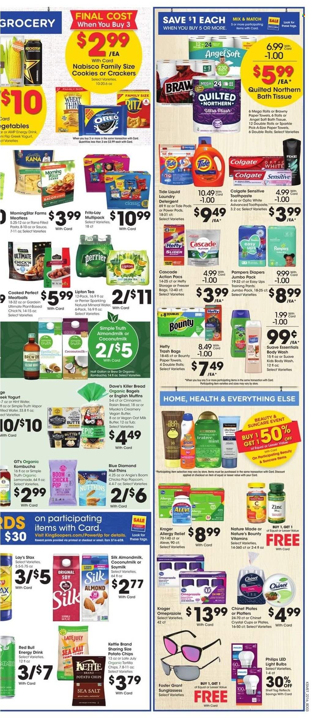 thumbnail - King Soopers Flyer - 05/18/2022 - 05/24/2022 - Sales products - Philips, bagels, english muffins, meatballs, nuggets, pasta, MorningStar Farms, Rana, bacon, greek yoghurt, Oreo, yoghurt, almond milk, milk, soy milk, Silk, oat milk, butter, strips, cookies, crackers, RITZ, potato chips, chips, Lay’s, Thins, popcorn, Frito-Lay, cocoa, coconut milk, Blue Diamond, lemonade, energy drink, Lipton, Red Bull, Perrier, Rockstar, mineral water, kombucha, tea, Pampers, pants, nappies, baby pants, bath tissue, Quilted Northern, kitchen towels, paper towels, detergent, Cascade, Tide, laundry detergent, body wash, Suave, Colgate, toothpaste, Axe, Hefty, trash bags, plate, cup, freezer bag, bulb, light bulb, freezer, LED light, Aleve, Nature Made, Nature's Bounty, zinc, allergy relief. Page 6.