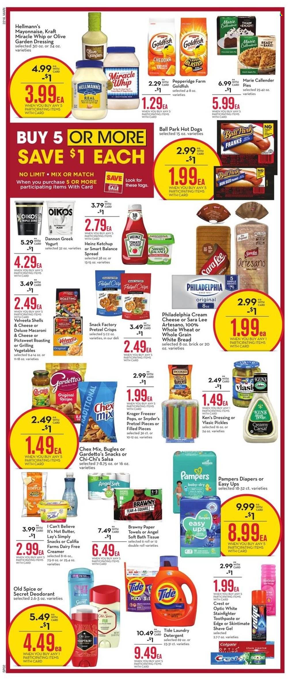 thumbnail - Mariano’s Flyer - 05/18/2022 - 05/24/2022 - Sales products - bread, white bread, Sara Lee, macaroni & cheese, hot dog, Kraft®, Philadelphia, yoghurt, Oikos, Dannon, butter, I Can't Believe It's Not Butter, creamer, Miracle Whip, Hellmann’s, snack, Lay’s, Goldfish, pretzel crisps, Chex Mix, Heinz, pickles, spice, ketchup, dressing, salsa, detergent, Tide. Page 2.