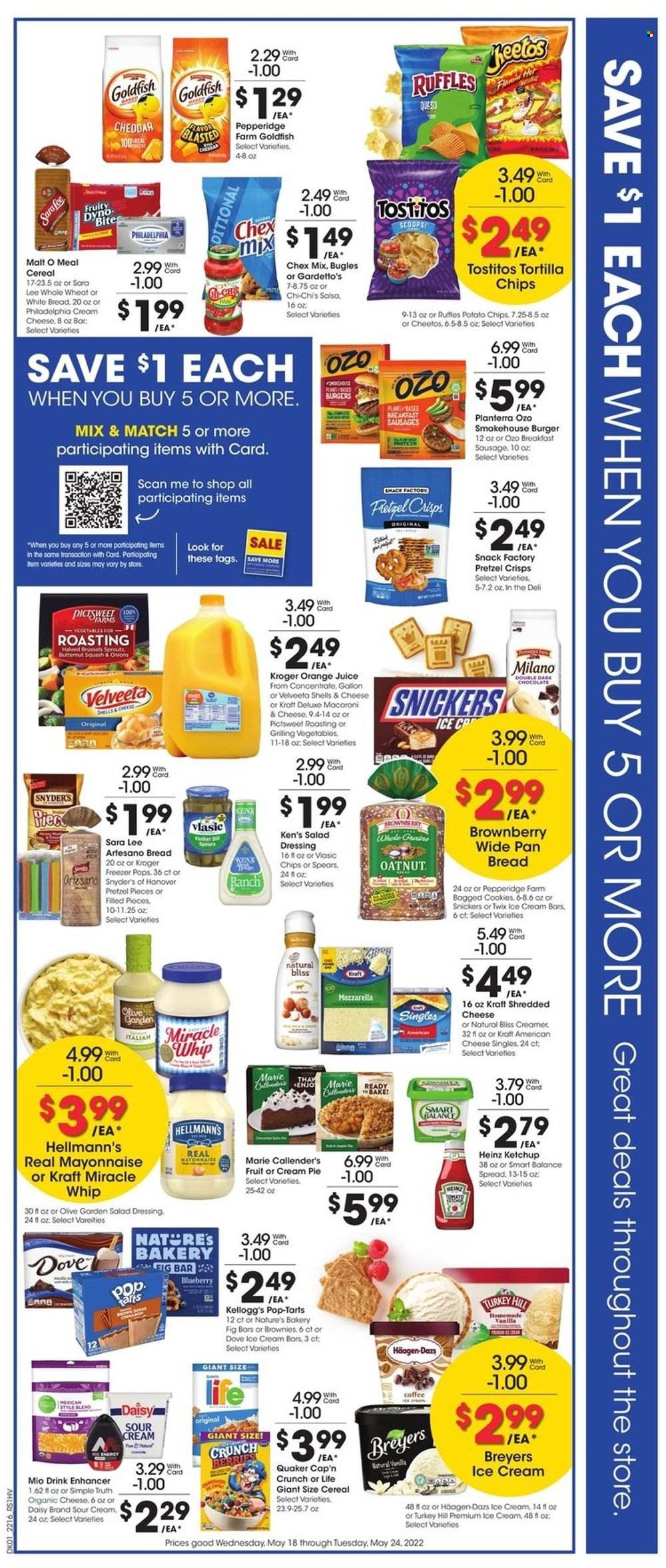 thumbnail - Pick ‘n Save Flyer - 05/18/2022 - 05/24/2022 - Sales products - white bread, pie, Sara Lee, brownies, cream pie, onion, brussel sprouts, hamburger, Quaker, Marie Callender's, Kraft®, sausage, american cheese, cream cheese, mozzarella, shredded cheese, Philadelphia, sour cream, creamer, mayonnaise, Miracle Whip, Hellmann’s, ice cream, ice cream bars, Häagen-Dazs, cookies, snack, Snickers, Twix, Kellogg's, Pop-Tarts, tortilla chips, potato chips, Cheetos, chips, Goldfish, Ruffles, Tostitos, pretzel crisps, Chex Mix, Heinz, cereals, salad dressing, ketchup, dressing, salsa, orange juice, juice, coffee, Dove, pan, butternut squash. Page 2.