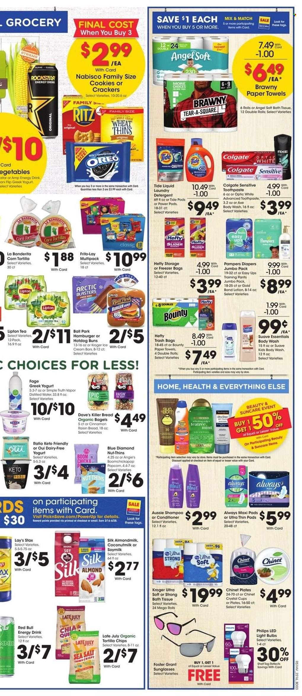 thumbnail - Pick ‘n Save Flyer - 05/18/2022 - 05/24/2022 - Sales products - bagels, corn tortillas, hot dog rolls, buns, hamburger, greek yoghurt, Oreo, yoghurt, almond milk, soy milk, Silk, cookies, Bounty, crackers, RITZ, tortilla chips, chips, Lay’s, Thins, Frito-Lay, coconut milk, cinnamon, Blue Diamond, energy drink, Lipton, Red Bull, Rockstar, tea, Pampers, pants, nappies, baby pants, bath tissue, kitchen towels, paper towels, detergent, Tide, laundry detergent, body wash, shampoo, Suave, Colgate, toothpaste, sanitary pads, Aussie, conditioner, body lotion, Axe, Hefty, plate, cup, freezer bag, bulb, light bulb, Philips, sunglasses, LED light. Page 6.