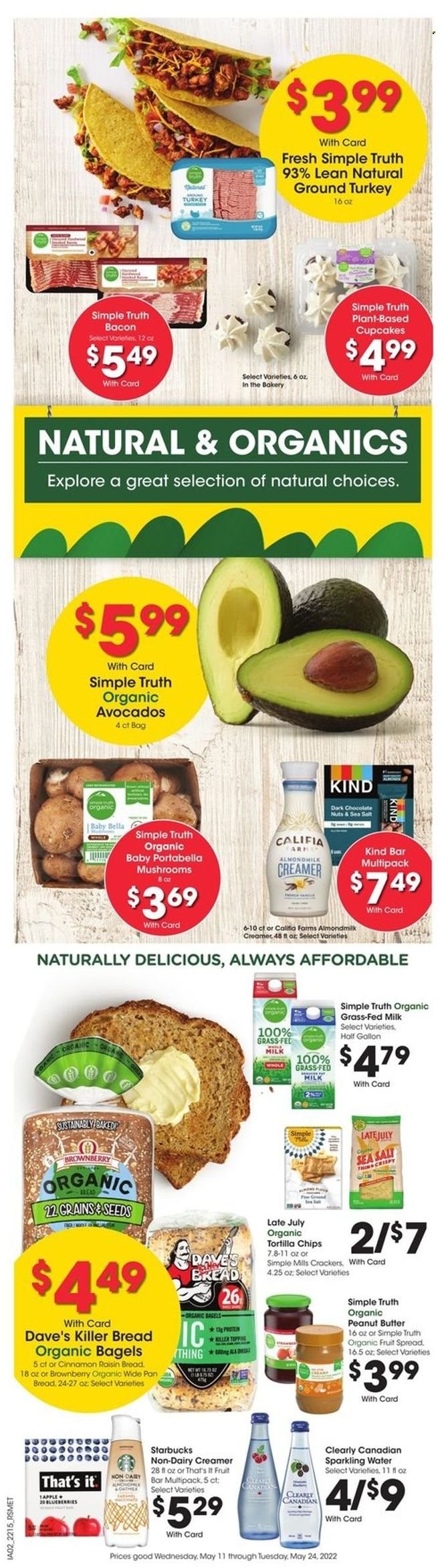 thumbnail - Pick ‘n Save Flyer - 05/18/2022 - 05/24/2022 - Sales products - mushrooms, bagels, bread, cupcake, avocado, bacon, almond milk, milk, non dairy creamer, creamer, chocolate, crackers, dark chocolate, tortilla chips, chips, topping, peanut butter, sparkling water, Starbucks, ground turkey. Page 7.