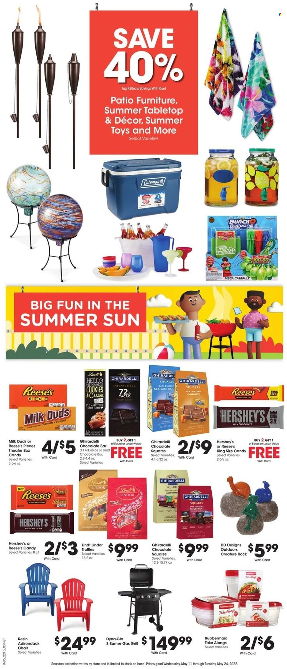 thumbnail - Pick ‘n Save Flyer - 05/18/2022 - 05/24/2022 - Sales products - Reese's, Hershey's, cookies, milk chocolate, Milk Duds, Lindt, Lindor, Ghirardelli, chocolate bar, sea salt, caramel, balloons, chair, Coleman, gas grill, grill. Page 10.