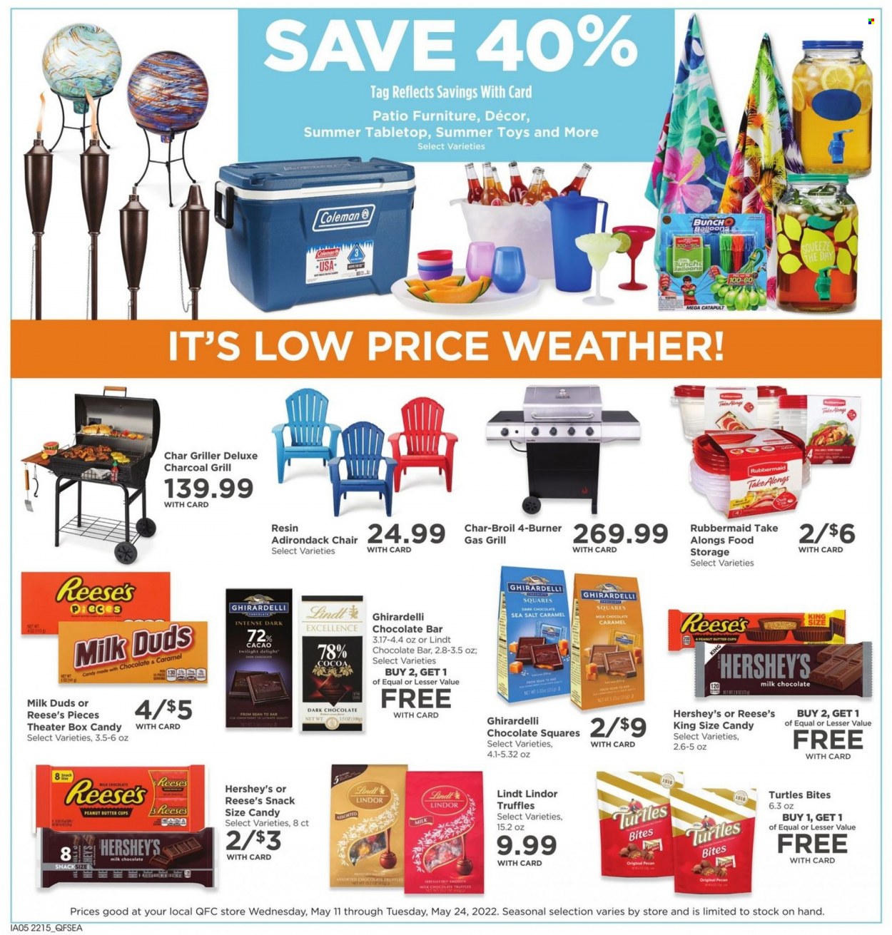 thumbnail - QFC Flyer - 05/18/2022 - 05/24/2022 - Sales products - Reese's, Hershey's, milk chocolate, snack, Milk Duds, Lindt, Lindor, truffles, dark chocolate, peanut butter cups, Ghirardelli, chocolate bar, balloons, gas grill, grill. Page 10.