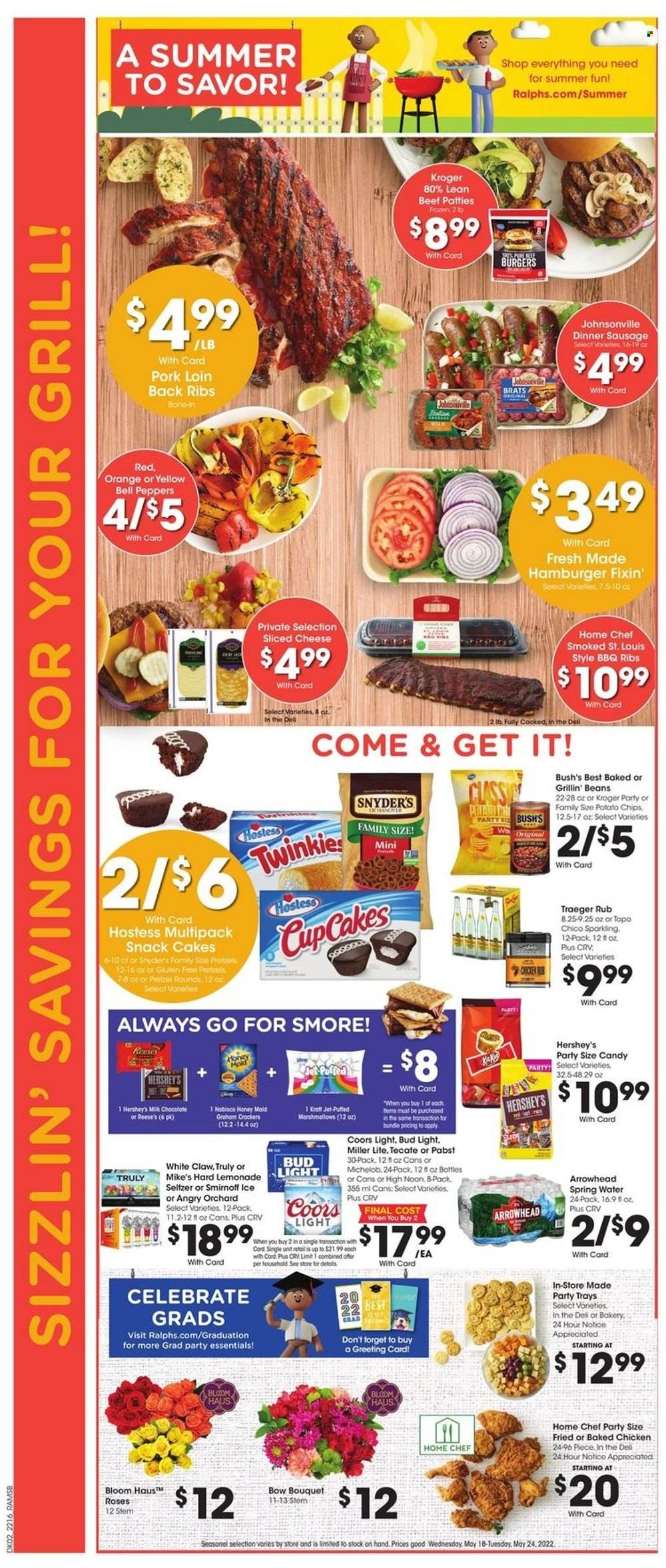 thumbnail - Ralphs Flyer - 05/18/2022 - 05/24/2022 - Sales products - pretzels, cake, beans, bell peppers, peppers, oranges, hamburger, Johnsonville, sausage, sliced cheese, cheese, Reese's, Hershey's, snack, potato chips, honey, lemonade, seltzer water, spring water, Smirnoff, White Claw, TRULY, beer, Bud Light, beef meat, pork loin, pork meat, Jet, grill, bouquet, rose, Miller Lite, Coors, Michelob. Page 4.
