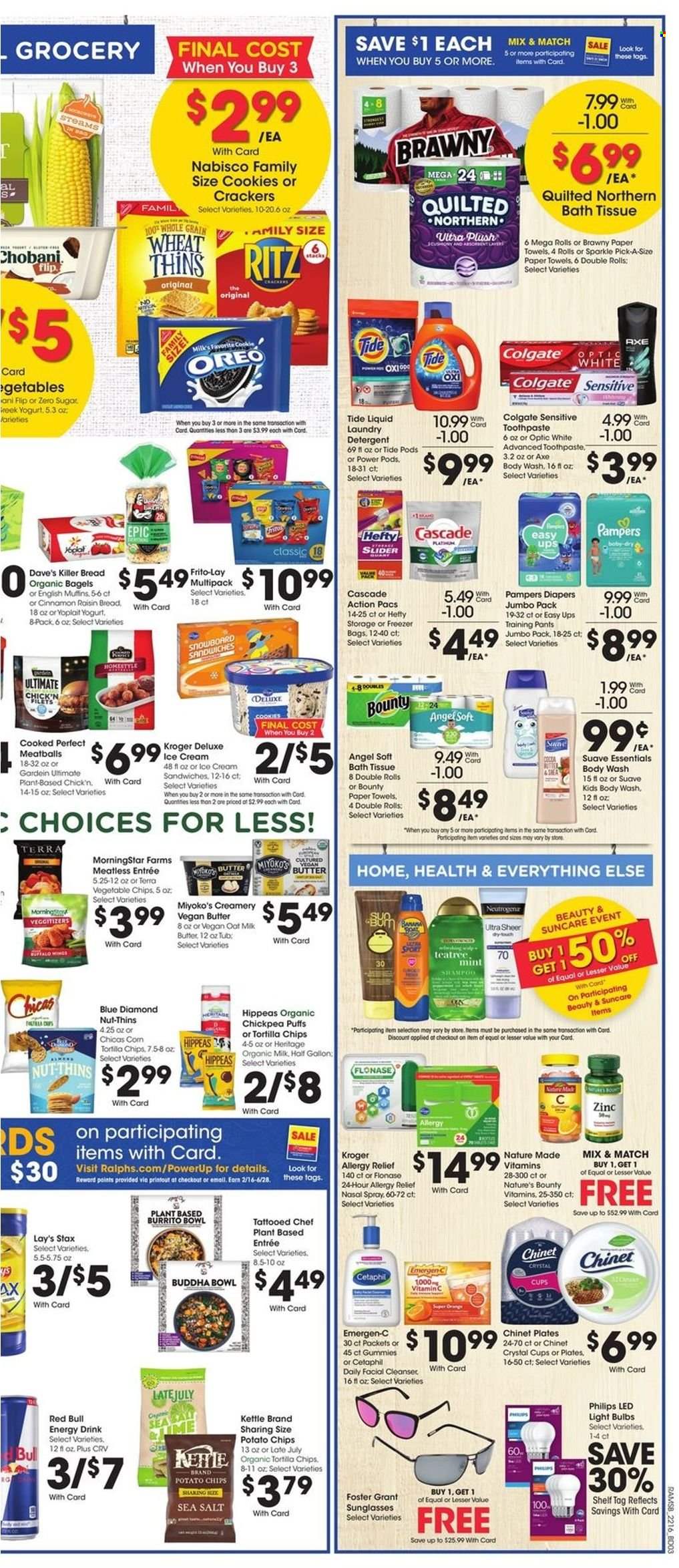 thumbnail - Ralphs Flyer - 05/18/2022 - 05/24/2022 - Sales products - bagels, puffs, corn, oranges, meatballs, burrito, MorningStar Farms, Oreo, yoghurt, Yoplait, Chobani, organic milk, butter, ice cream, ice cream sandwich, cookies, crackers, RITZ, tortilla chips, potato chips, chips, Lay’s, Thins, vegetable chips, Frito-Lay, oats, Blue Diamond, energy drink, Red Bull, Pampers, pants, nappies, baby pants, bath tissue, Quilted Northern, kitchen towels, paper towels, detergent, Cascade, Tide, laundry detergent, body wash, shampoo, Suave, Colgate, toothpaste, cleanser, Axe, Hefty, bowl, bulb, light bulb, Philips, sunglasses, LED light, Nature Made, Nature's Bounty, vitamin c, zinc, Emergen-C, nasal spray, allergy relief. Page 6.