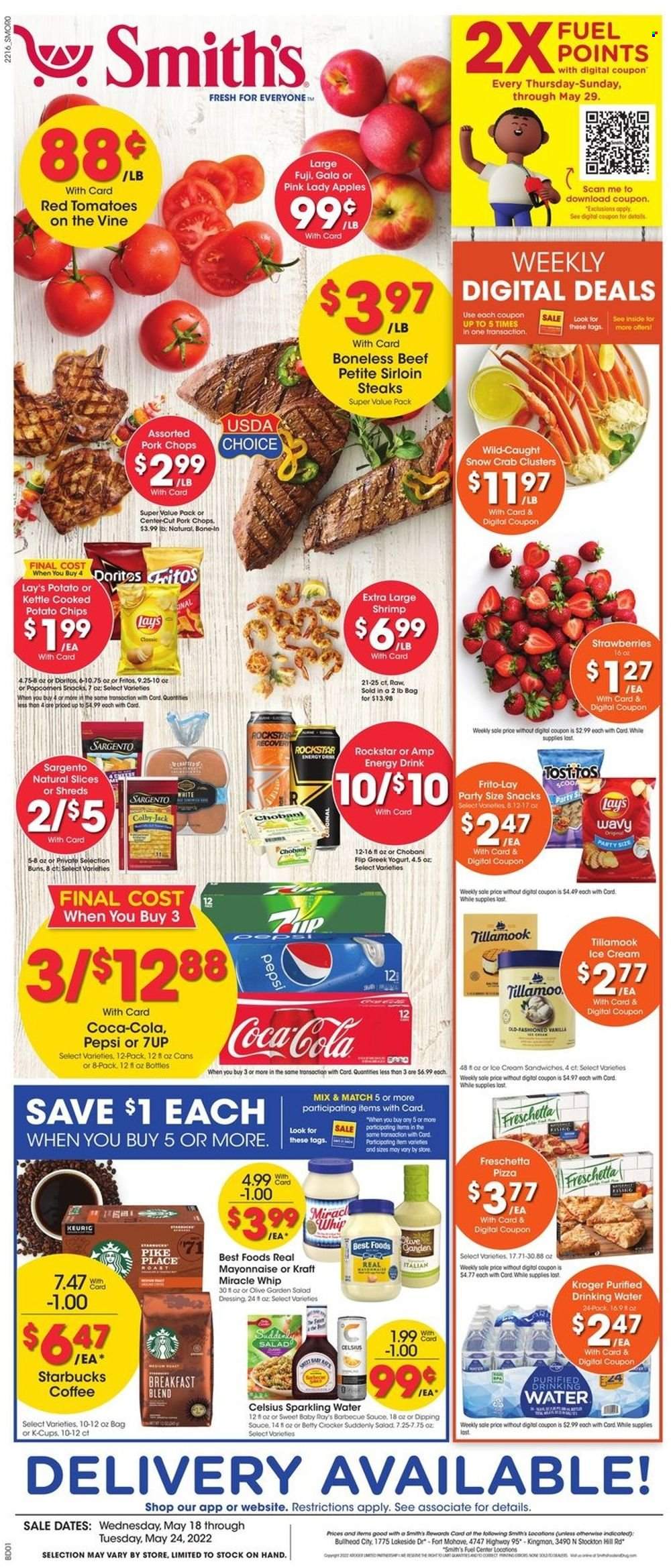 thumbnail - Smith's Flyer - 05/18/2022 - 05/24/2022 - Sales products - buns, apples, Gala, strawberries, Pink Lady, crab, shrimps, pizza, Kraft®, Colby cheese, Sargento, greek yoghurt, yoghurt, mayonnaise, Miracle Whip, ice cream, snack, Doritos, Fritos, potato chips, chips, Lay’s, Smith's, Frito-Lay, BBQ sauce, salad dressing, dressing, Coca-Cola, Pepsi, energy drink, 7UP, Rockstar, sparkling water, coffee, Starbucks, coffee capsules, K-Cups, Keurig, breakfast blend, steak, sirloin steak, pork chops, pork meat. Page 1.