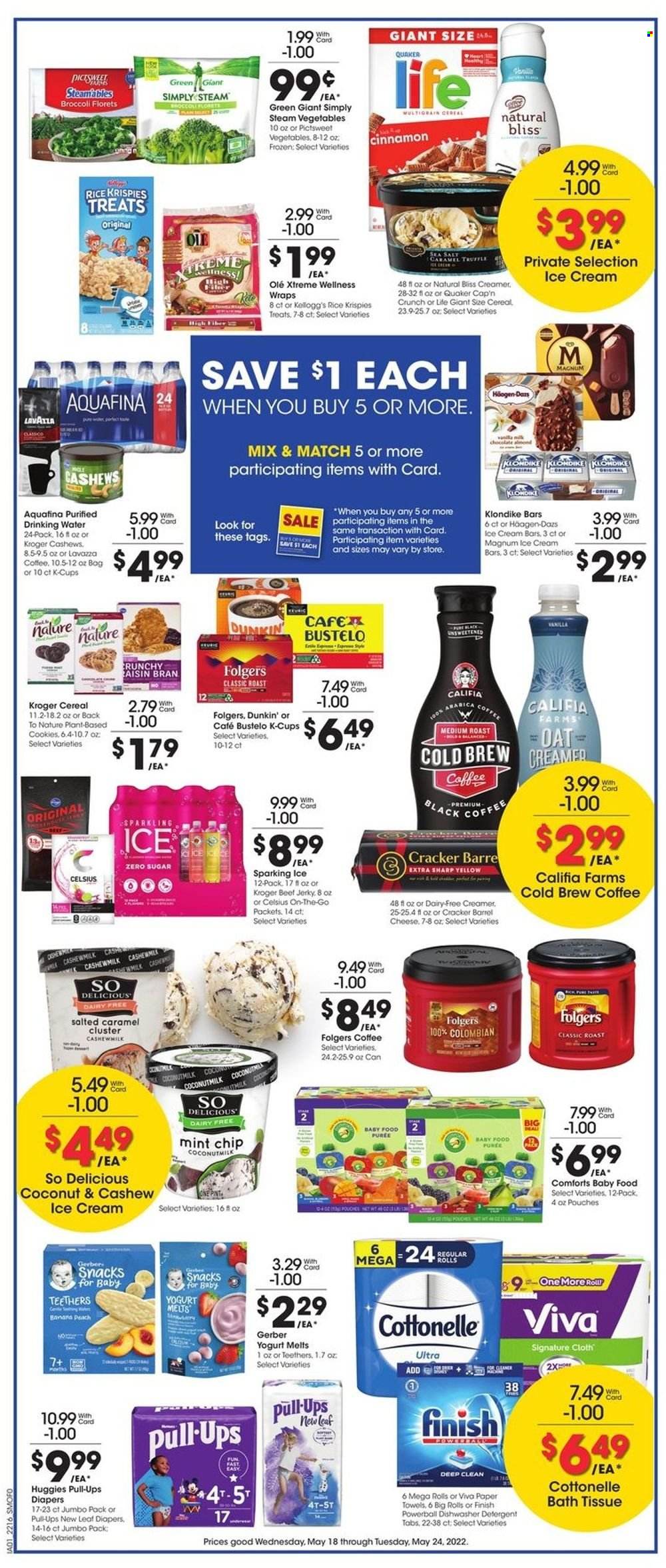 thumbnail - Smith's Flyer - 05/18/2022 - 05/24/2022 - Sales products - wraps, broccoli, Quaker, beef jerky, jerky, cheese, yoghurt, creamer, Magnum, ice cream, ice cream bars, Häagen-Dazs, cookies, snack, truffles, crackers, Kellogg's, Gerber, coconut milk, cereals, Rice Krispies, Cap'n Crunch, cinnamon, cashews, Aquafina, coffee, Folgers, coffee capsules, K-Cups, Lavazza, Huggies, nappies, bath tissue, Cottonelle, kitchen towels, paper towels, detergent, Finish Powerball. Page 3.