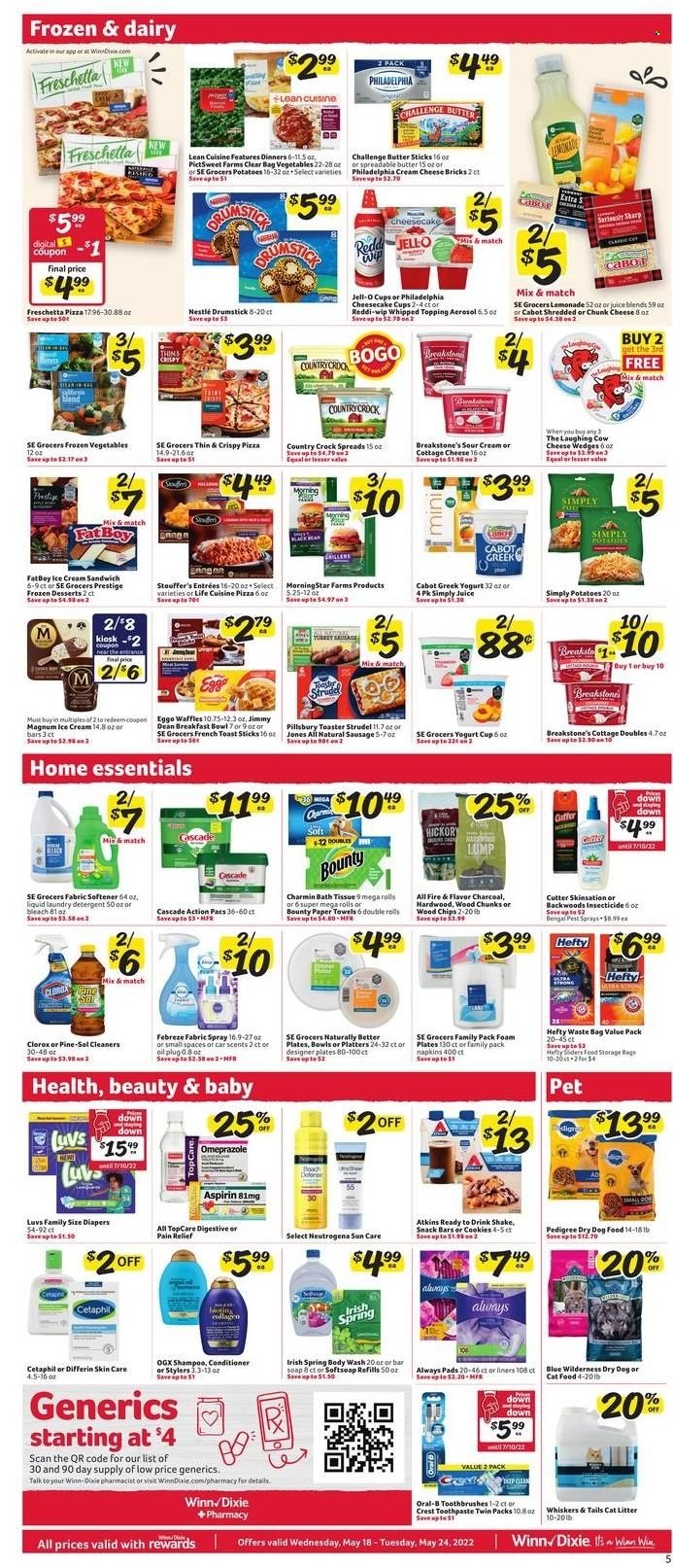 thumbnail - Winn Dixie Flyer - 05/18/2022 - 05/24/2022 - Sales products - strudel, waffles, potatoes, pizza, breakfast bowl, Pillsbury, MorningStar Farms, Lean Cuisine, sausage, cottage cheese, cream cheese, Philadelphia, The Laughing Cow, chunk cheese, greek yoghurt, yoghurt, shake, butter, spreadable butter, sour cream, ice cream, ice cream sandwich, frozen vegetables, Stouffer's, cookies, Nestlé, snack, Bounty, snack bar, Thins, topping, Jell-O, lemonade, juice, napkins, nappies, bath tissue, kitchen towels, paper towels, Charmin, detergent, Febreze, bleach, Clorox, Pine-Sol, Cascade, fabric softener, laundry detergent, body wash, shampoo, Softsoap, soap bar, soap, Oral-B, toothpaste, Crest, Always pads, Neutrogena, OGX, conditioner, Hefty, waste bag, insecticide, storage bag, plate, cup, Sharp, cutter, foam plates, animal food, cat litter, cat food, Pedigree, Blue Wilderness, pain relief, aspirin. Page 5.