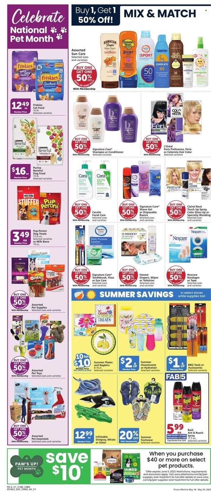 thumbnail - Vons Flyer - 05/18/2022 - 05/24/2022 - Sales products - corn, milk, wipes, napkins, nappies, shampoo, toothbrush, CeraVe, L’Oréal, Clairol, conditioner, hair color, shave gel, plate. Page 4.