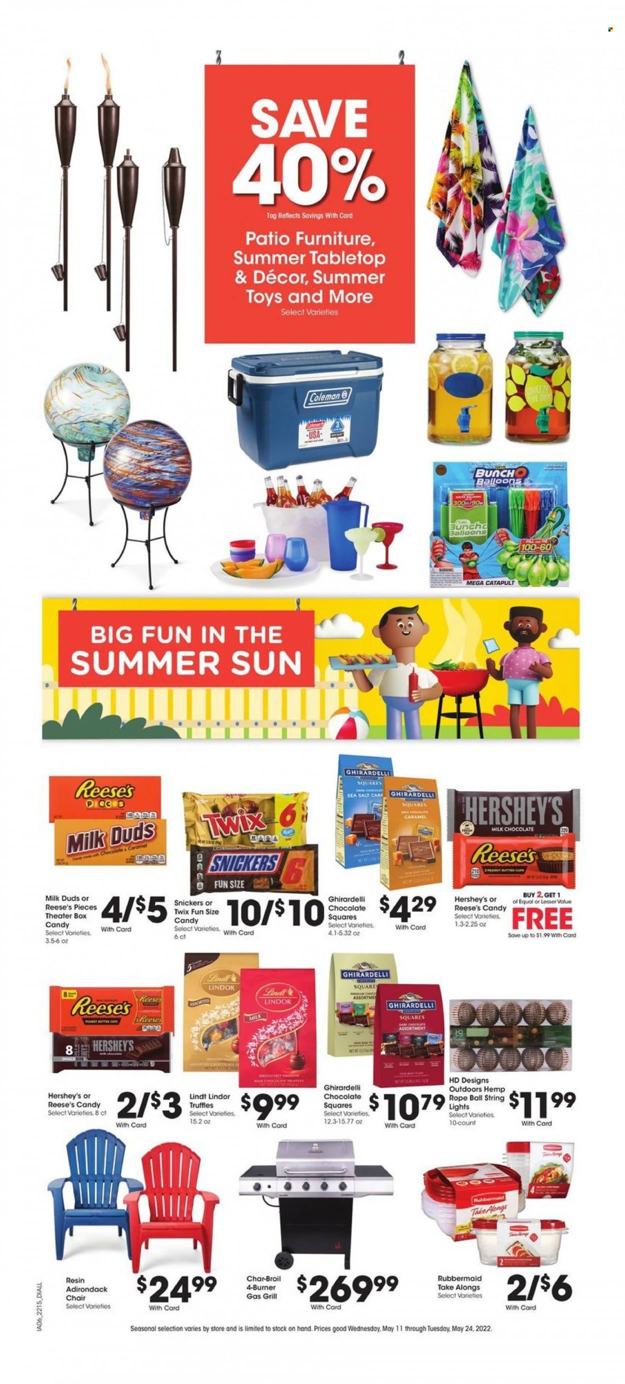 thumbnail - Baker's Flyer - 05/11/2022 - 05/24/2022 - Sales products - Reese's, Hershey's, milk chocolate, chocolate, snack, Milk Duds, Lindt, Lindor, Snickers, Twix, truffles, Ghirardelli, sea salt, caramel, balloons, chair, string lights, gas grill, grill. Page 1.